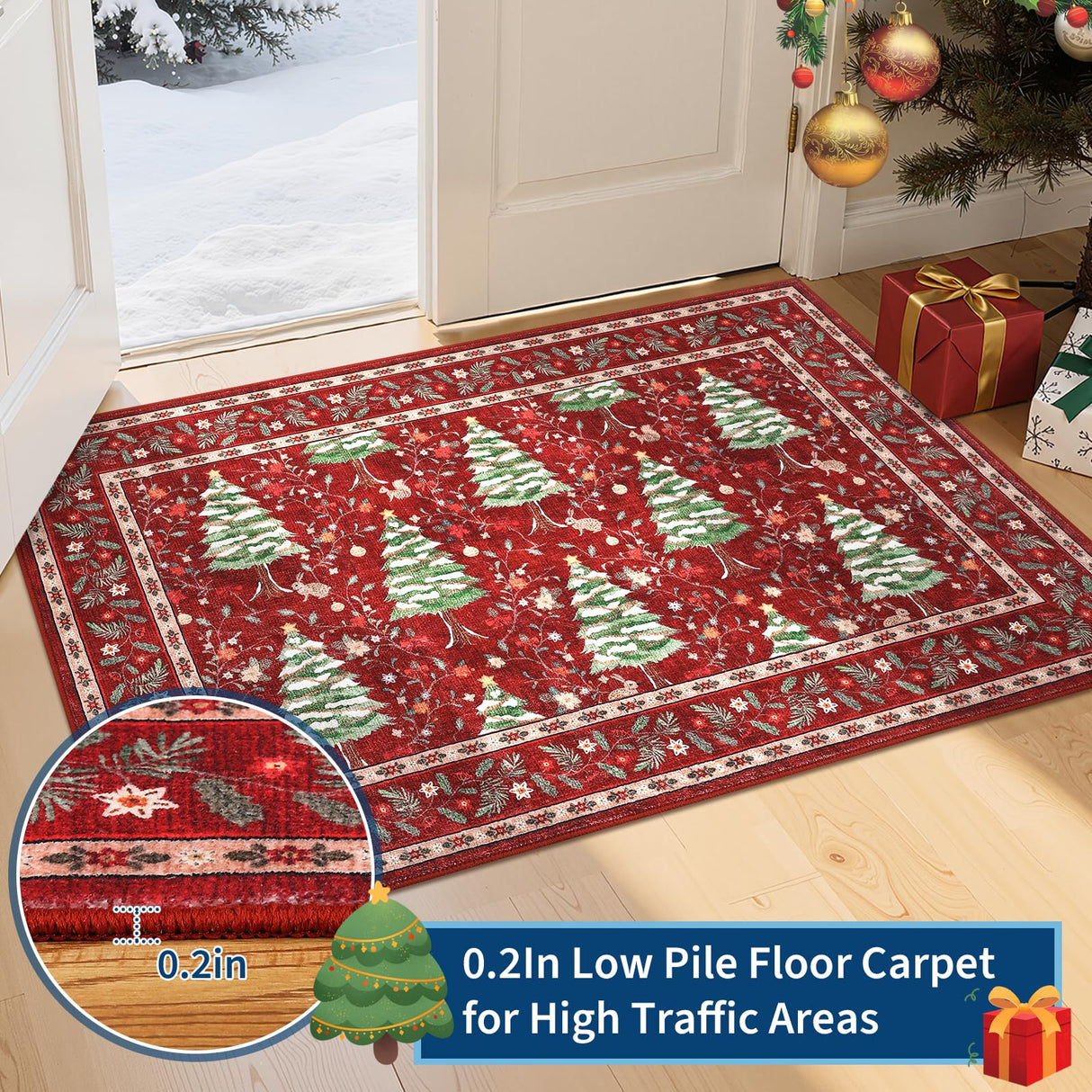 GarveeHome Red Christmas Rug 5x7 Washable Soft Stain Resistant for Living Room Bedroom Nursery Office Christmas Tree Animals Print Holiday Decor Low-Pile Carpet GarveeHome