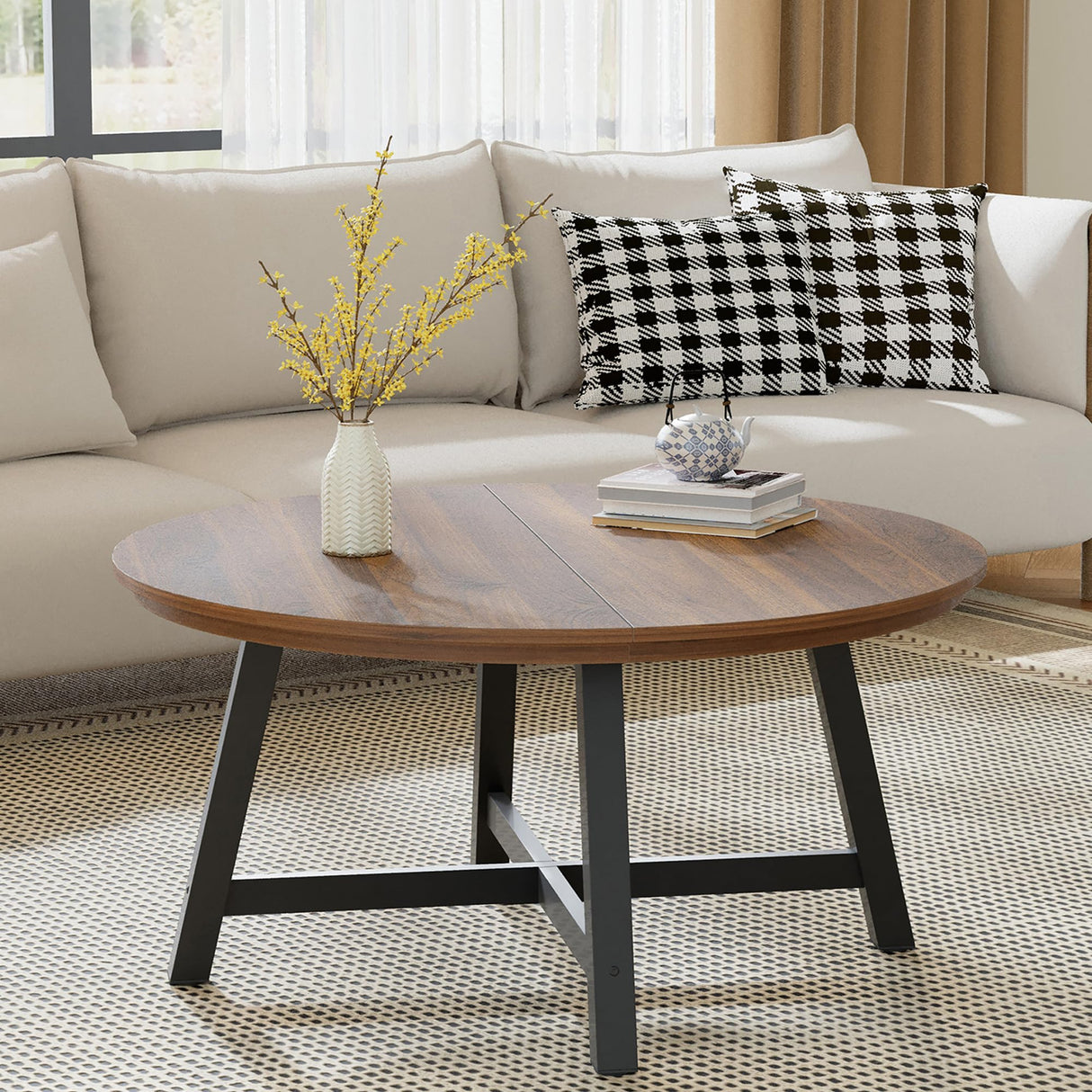 GarveeHome Round Coffee Table 36" Center Table,Large Coffee Table Industrial Accent Tables with Adjustable Feet, Living Room Tables with Thickened Legs and Designed Wood Grain, Easy Assemble GarveeHome