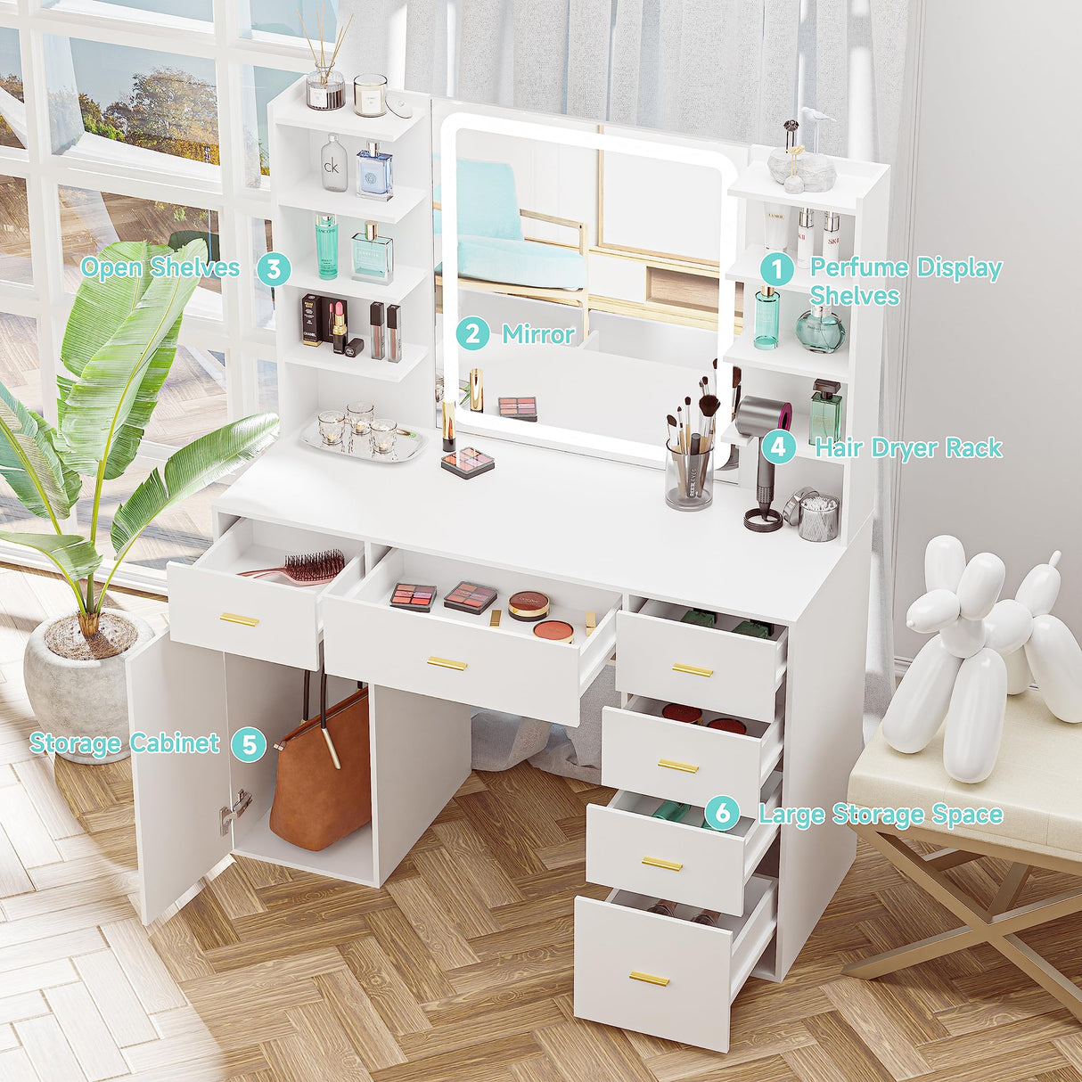 VoirStar Vanity Desk with Mirror & Light, Makeup Vanity with Lights, 6 Drawers Makeup Table with Mirror, 3 Lighting Colors, Dressing Table, Large Storage Vanity Desk with Shelf, White VoirStar
