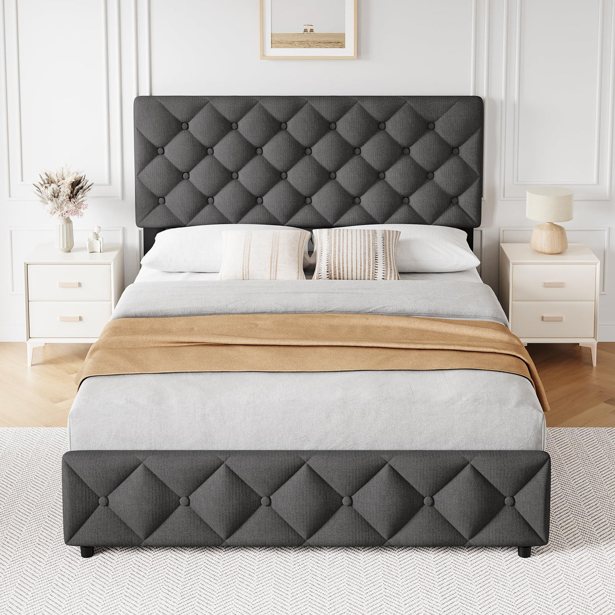 GAOMON Queen Size Bed Frame with 4 Storage Drawers and Headboard, Linen Upholstered Platform Bed Frame, Diamond Stitched Button Tufted, No Box Spring Needed, Dark Grey GAOMON