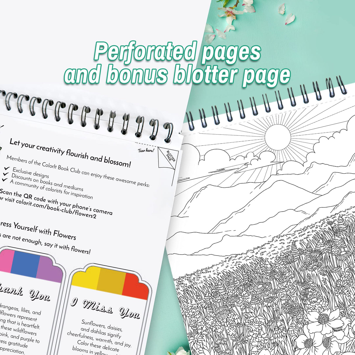 ColorIt Colorful Flowers Volume 2 Wildflowers, Gardens, and Bouquets Adult Coloring Book, 50 Original Designs, Thick Paper, Spiral Binding, USA Printed, Lay Flat Hardback Book Covers, Blotter Paper ColorIt