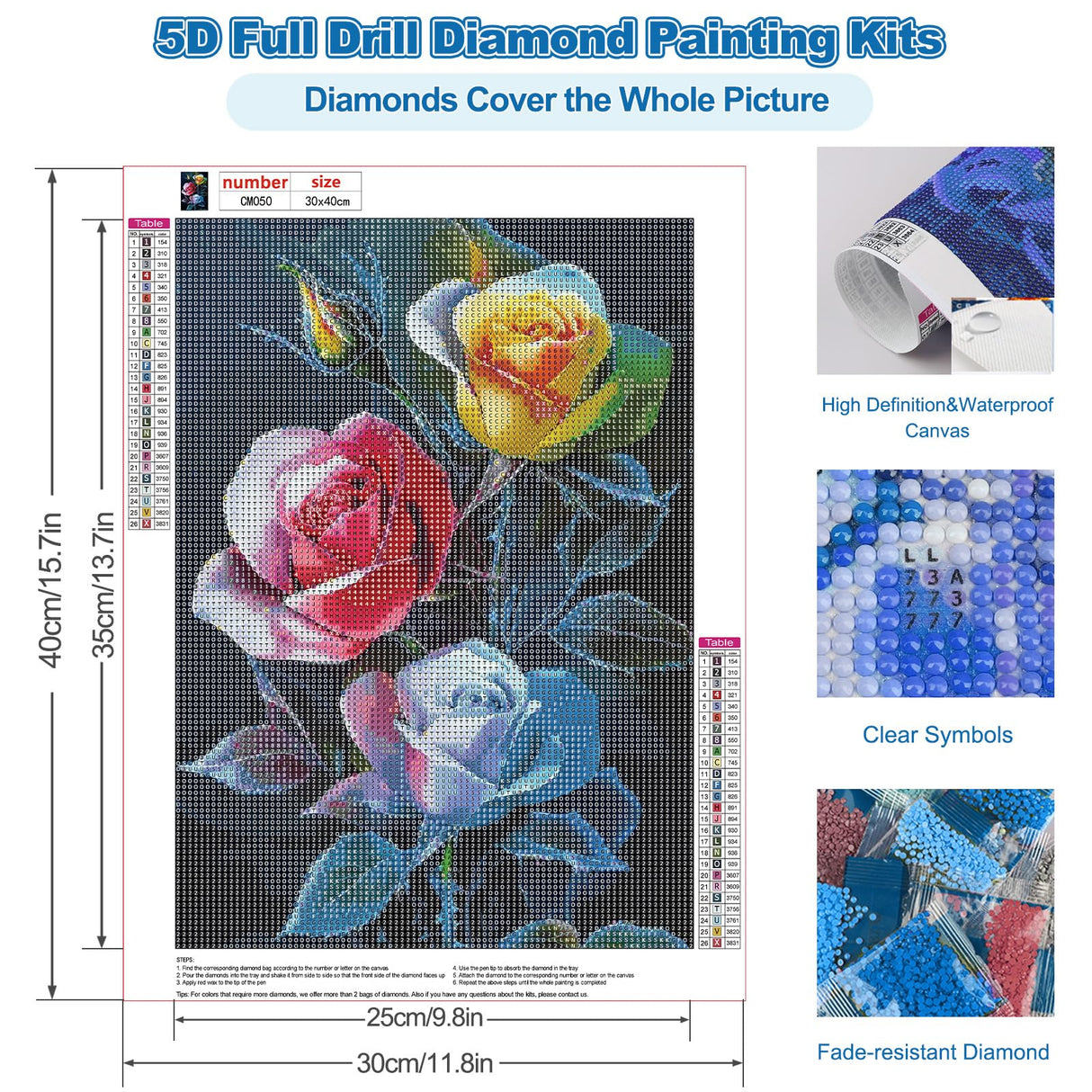CEOVR Rose Diamond Art Kits for Adults, Flower 5D DIY Full Drill Diamond Painting Dots Gem Art, Adult Crafts Kits Arts and Crafts, Wall Decor for Home Office 12x16in CEOVR