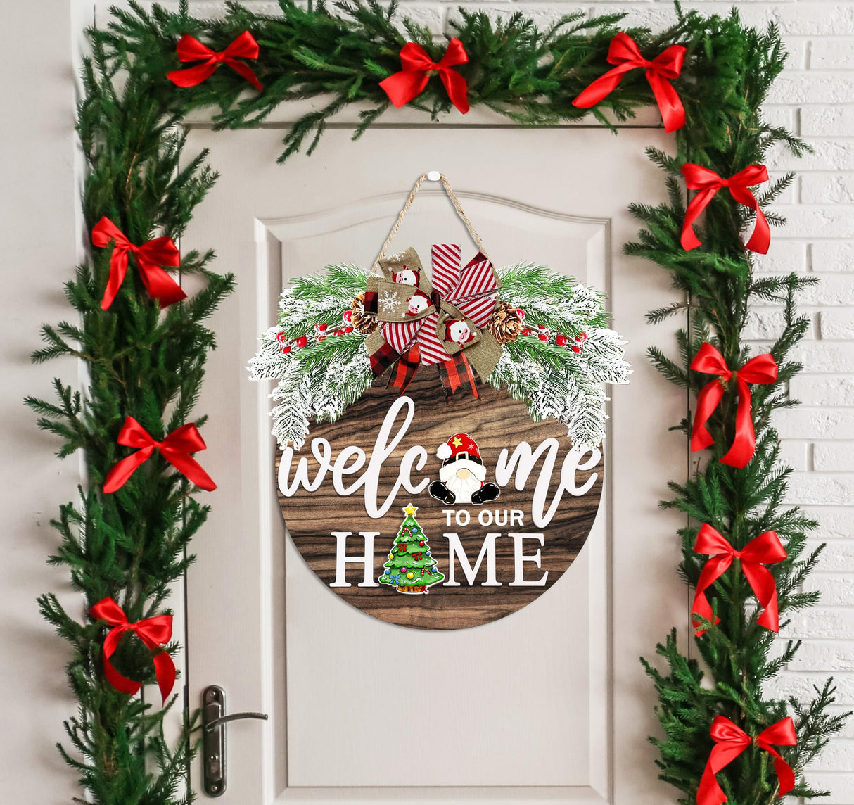 Interchangeable Welcome Sign for Front Door with 4 Seasonal Wreaths and 21 Changeable Icons, Farmhouse Rustic Outdoor Welcome Signs Porch, Holiday Spring Summer Winter Fall Decorations for Home Gifts OWUH