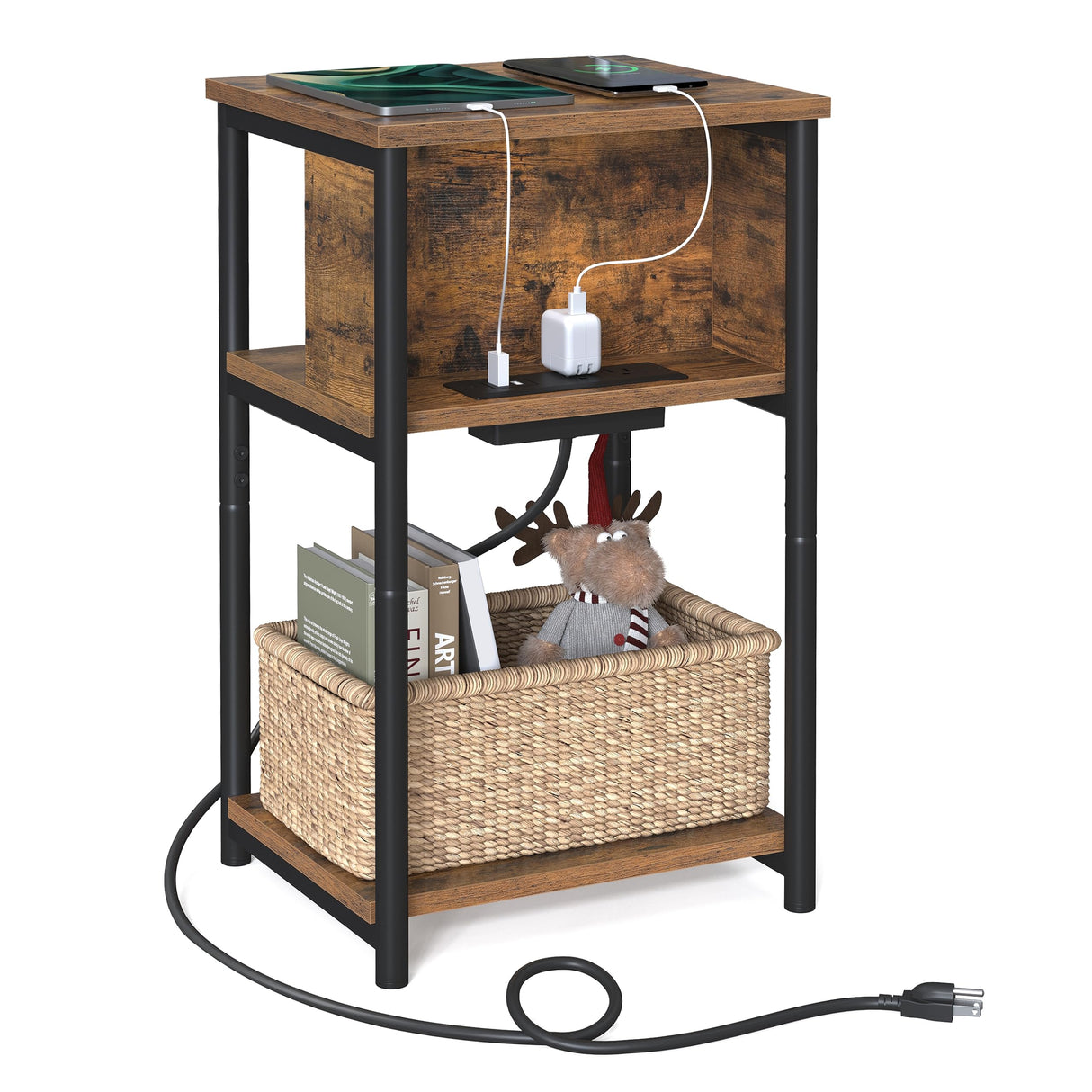 VASAGLE Side Table with Charging Station, 3-Tier End Table with USB Ports and Outlets, Nightstand for Living Room, Bedroom, 11.8 x 13.4 x 22.8 Inches, Plug-in Series, Rustic Brown and Black VASAGLE