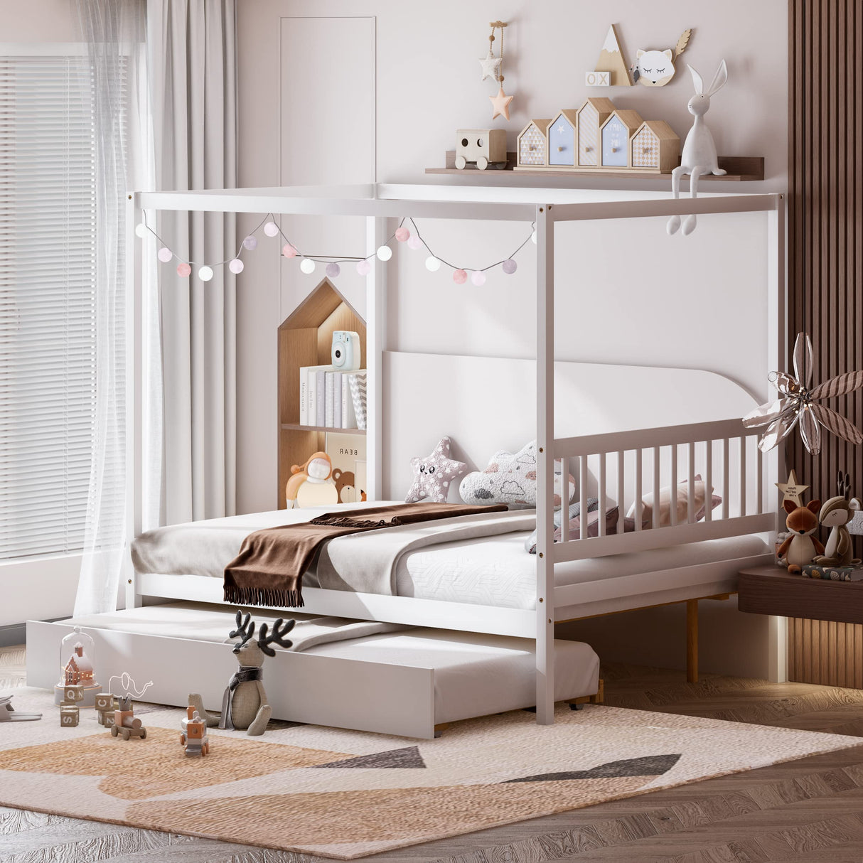 KOMFOTT Space-Saving Full Wood Canopy Bed with Twin Trundle for Kids - Easy Assembly in White KOMFOTT