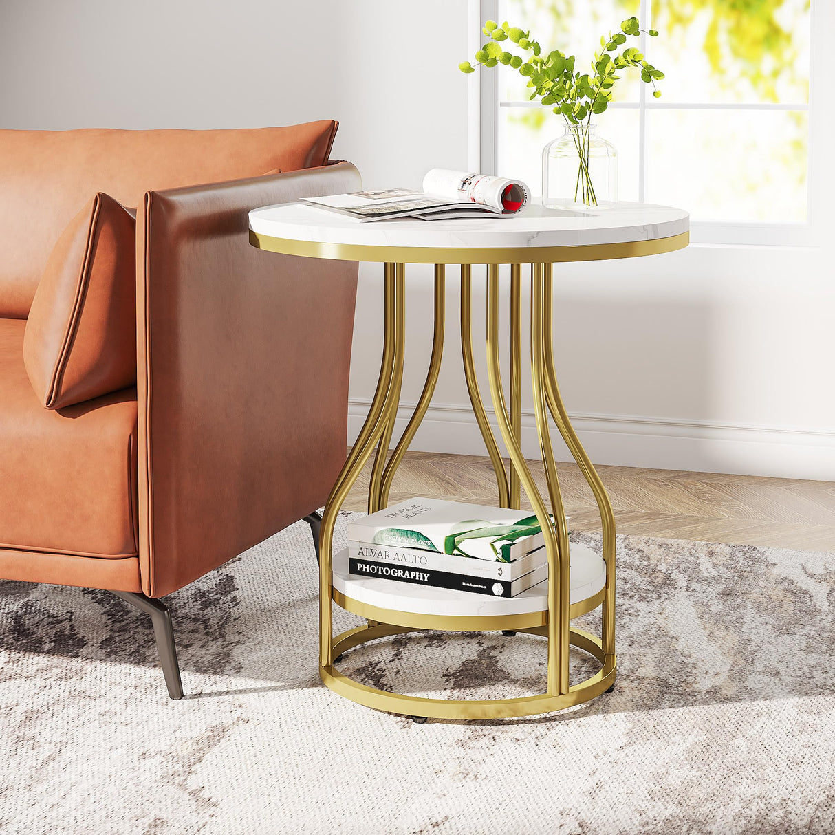 Tribesigns Round Side Table White Gold End Table 2-Tier End Table Modern Bedside Table Small Side Table with Storage for Couch Side, Sofa Side Table with Metal Frame for Living Room (1) Tribesigns