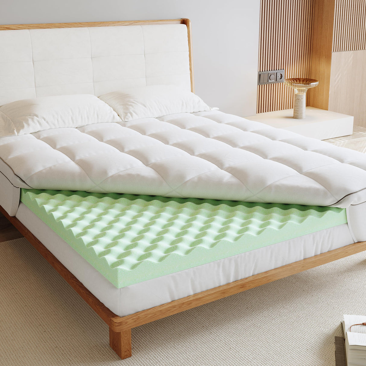 Lazyzizi Memory Foam Mattress Topper Queen, 4inch Dual Layer Cooling 2''Gel Green Tea Memory Foam & 2" Pillow Top Mattress Pad, 8-21inch Deep Pocket, Egg Crate for Back Pain Relief Lazyzizi