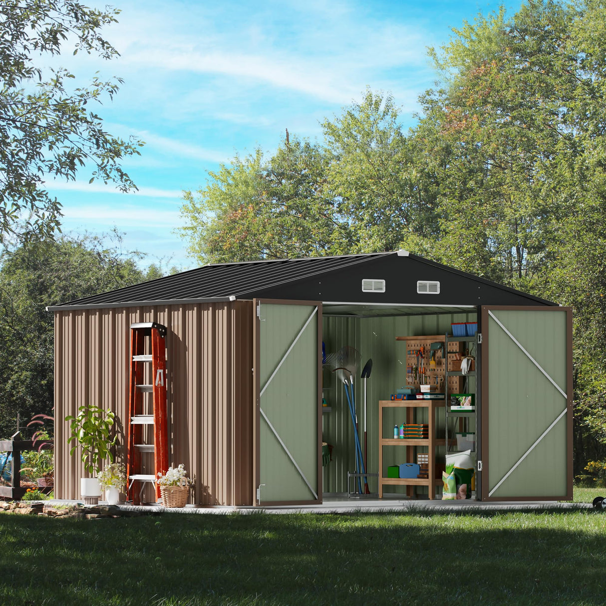 Devoko 8 x 10 FT Outdoor Storage Shed, Metal Garden Sheds & Outdoor Storage Clearance, Large Tool Shed Outdoor with Single Lockable Door for Patio Lawn Backyard (Brown) Devoko