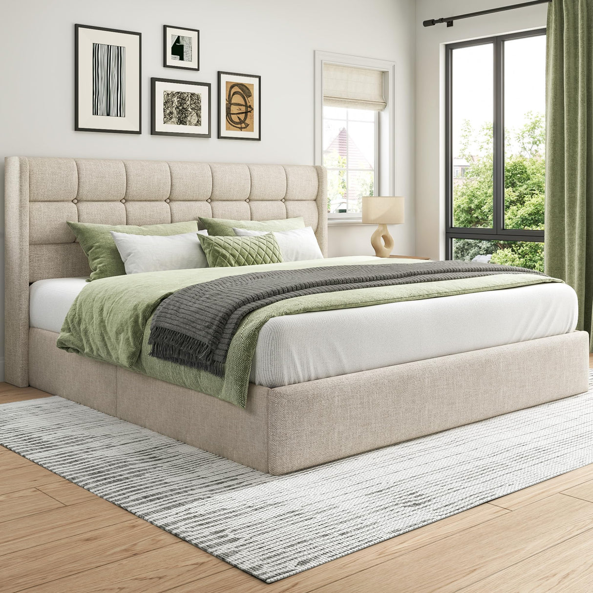 Lifezone King Size Storage Bed Frame with Hydraulic Lift & Wingback Headboard, Linen Upholstered, Space Saving Platform, No Box Spring Needed, Noise Free, Strong Support, Modern Furniture, Beige Lifezone