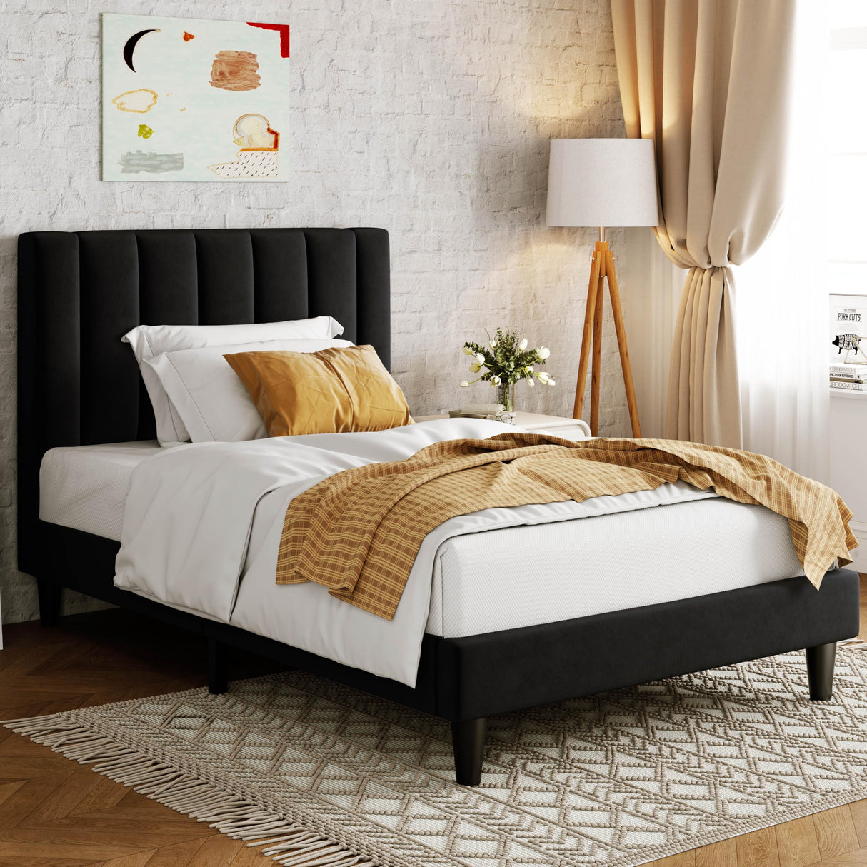 Allewie Twin Bed Frame/Velvet Upholstered Bed Frame with Vertical Channel Tufted Headboard/Strong Wooden Slats/Platform Bed Frame/Mattress Foundation/Box Spring Optional/Easy Assembly/Black Allewie