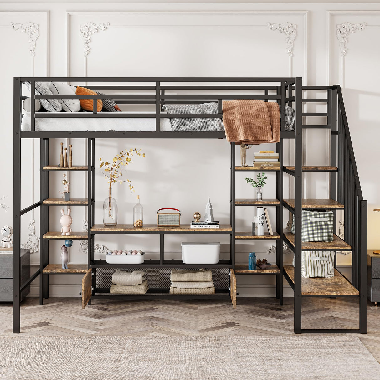 Harper & Bright Designs Full Size Loft Bed with Staircase and Desk, Metal Full Loft Bed Frame with Storage Shelves, Full Storage Bed for Kids Girls, Boys, Teens, Gray Harper & Bright Designs