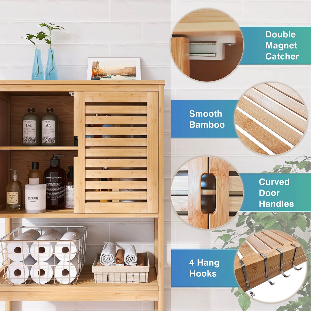 SMIBUY Bathroom Over The Toilet Storage Cabinet, 2 Door Bamboo Cabinet Organizer, Freestanding Space Saver Toilet Rack with Adjustable Inside Shelf and Open Shelf (Natural) SMIBUY