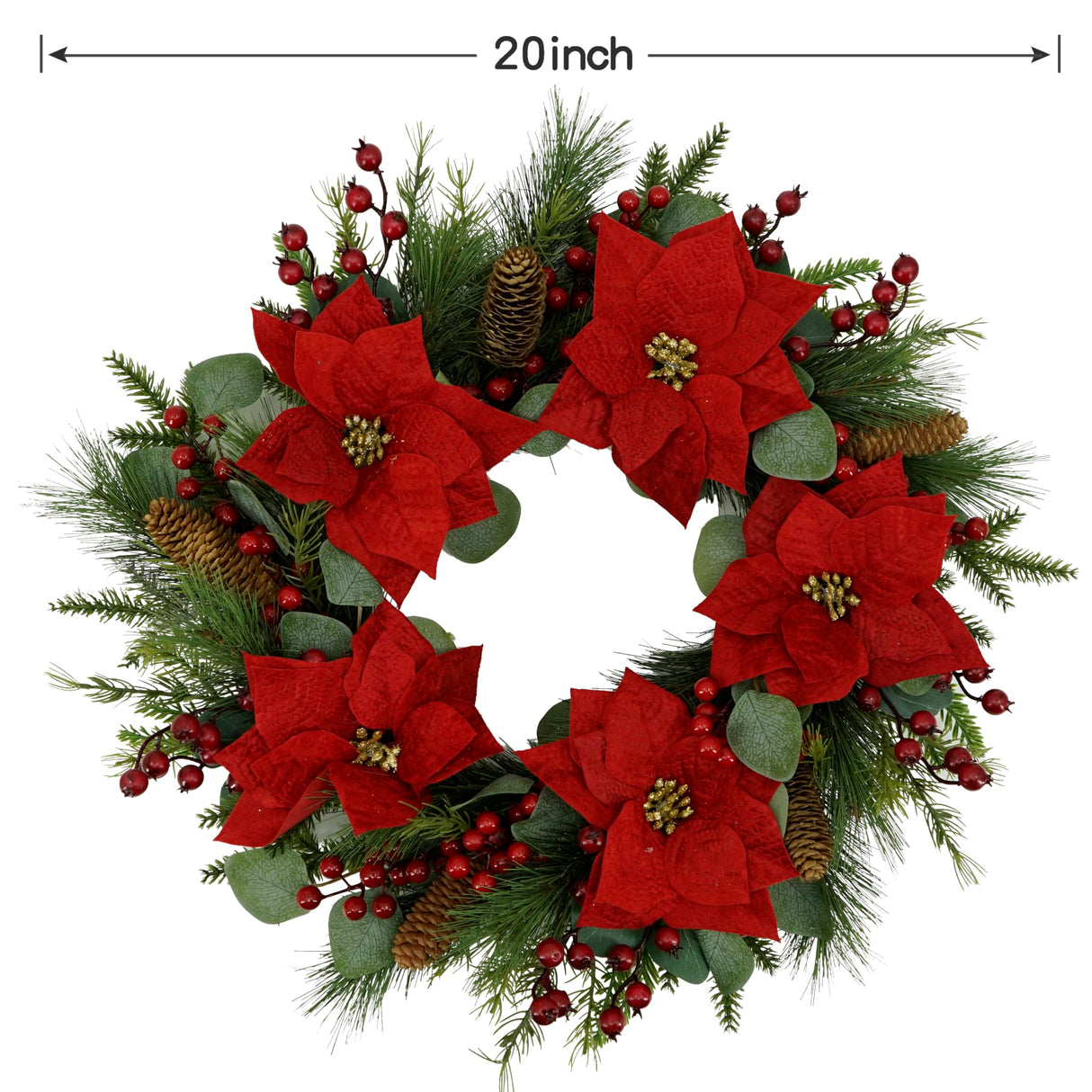 AMF0RESJ 20 inch Artificial Christmas Wreath Winter Wreath with Poinsettia,Eucalyptus Leaves,red Berry,Pine Cones,Pine Needles for Indoor Outdoor Farmhouse Home Wall Window Festival Wedding Decor AMF0RESJ
