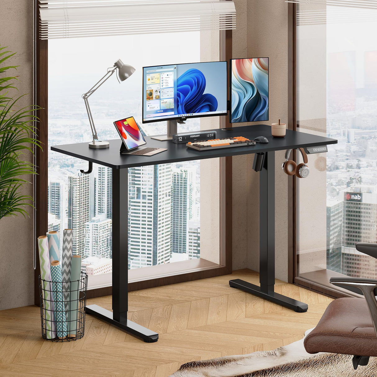 DEVAISE 48 X 24 Inches Electric Standing Desk,Height Adjustable Stand up Desk for Home Office, Ergonomic Sit to Stand Desk with Phone Holder,Black DEVAISE