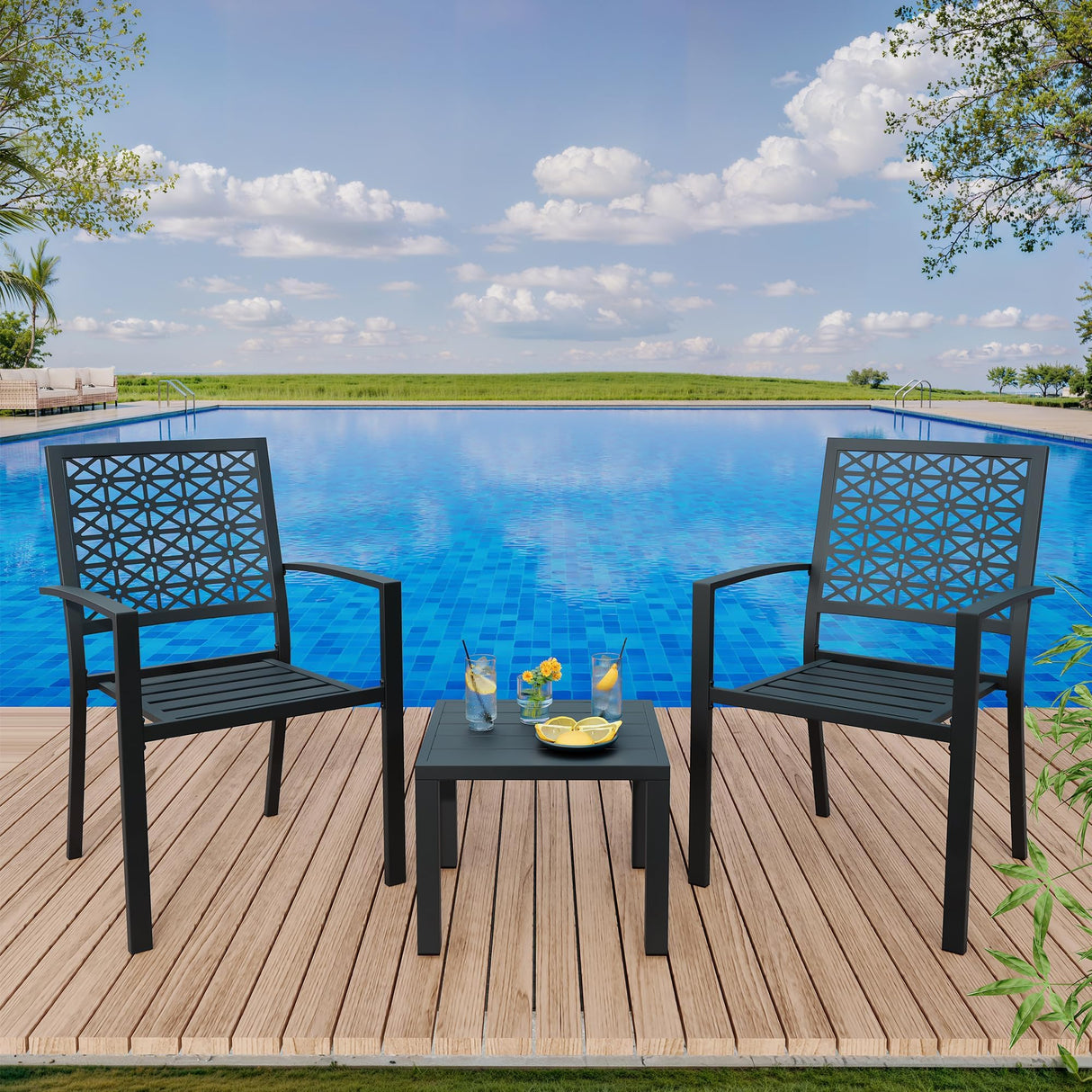 Trendyhom 3 Piece Patio Bistro Set, Carved Back Design Outdoor Bistro Table and Chairs Set of 2, Stackable Outdoor Patio Furniture Set for Patio, Balcony, Porch Indoor Outdoor, Black Trendyhom