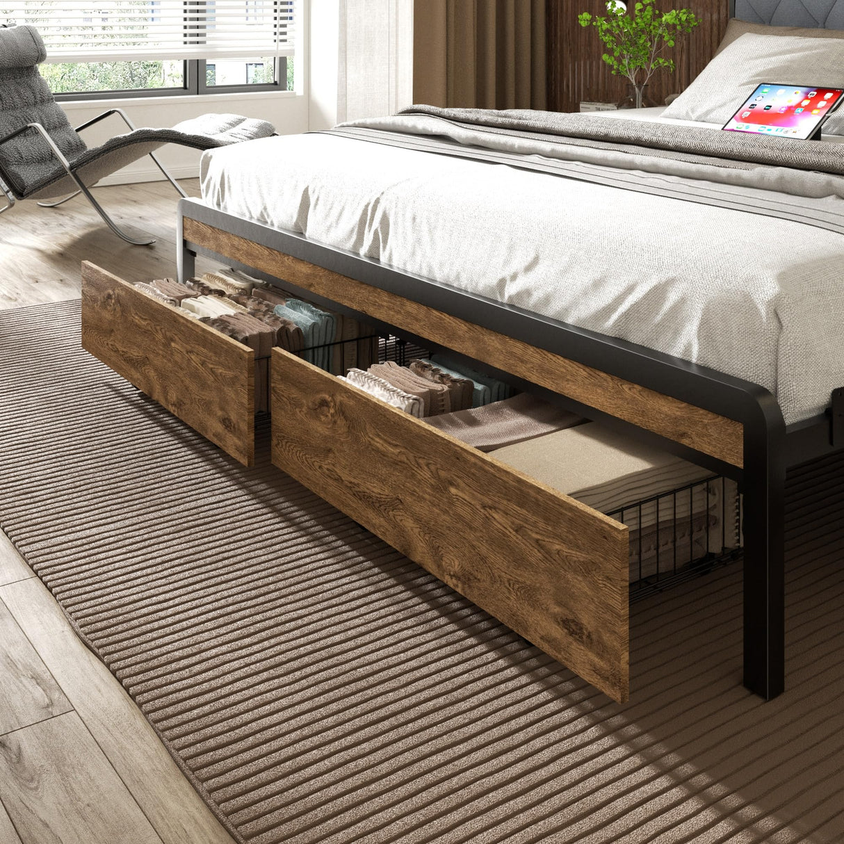 HAOARA Queen Size Metal Platform Bed Frame with 2 Storage Drawers & LED Light, Velvet Button-Tufted Headboard with Outlet & USB Charging Port, Heavy Duty, Brown Wooden Panel, No Box Spring Needed HAOARA