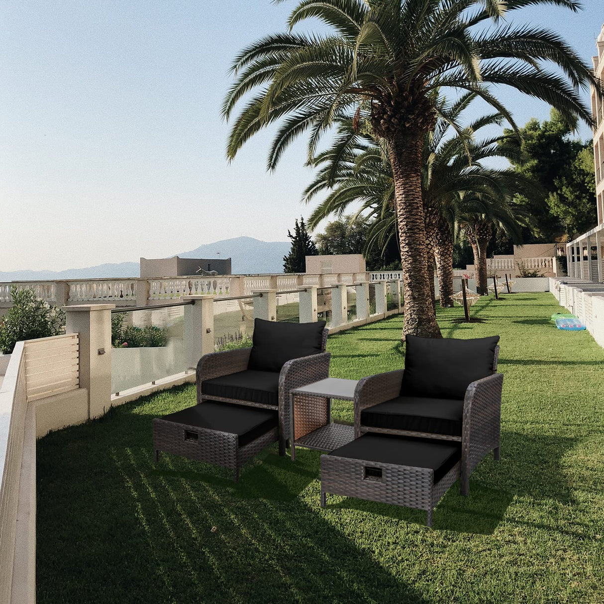 LEVELEVE Balcony Furniture 5 Piece Patio Conversation Set, PE Wicker Rattan Outdoor Lounge Chairs with Soft Cushions 2 Ottoman&Glass Table for Porch, Lawn-Brown Wicker LEVELEVE