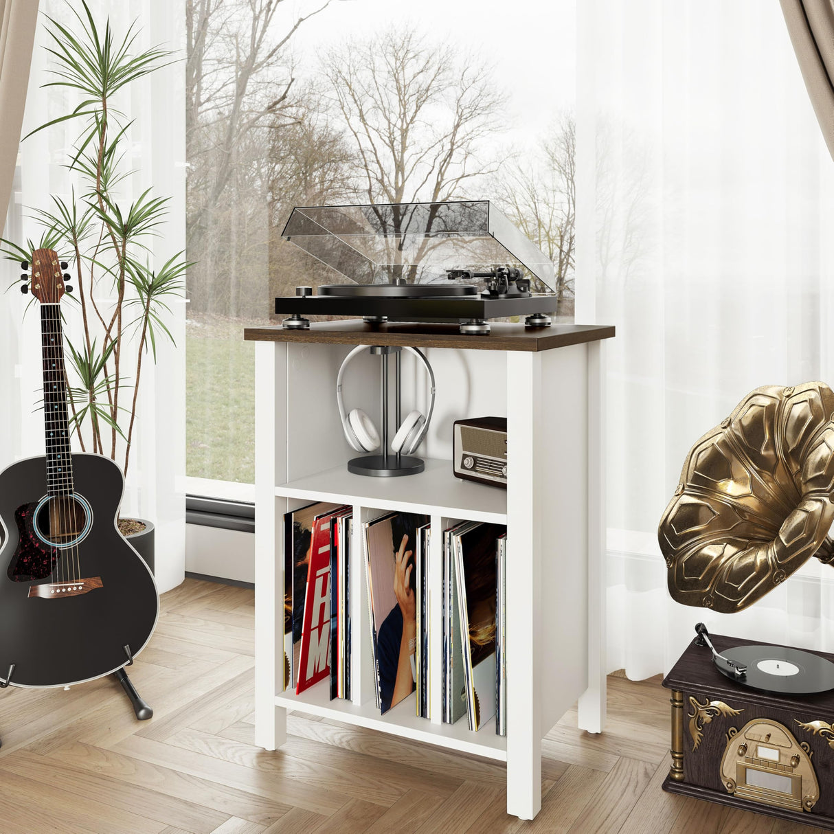 Record Player Stand, Vinyl Record Storage Table End Table with Display Shelf Holds up to 130 Albums, Large Nightstand Wood Turntable Stand Cabinet Side Table for Living Room, Bedroom, White LIDYUK