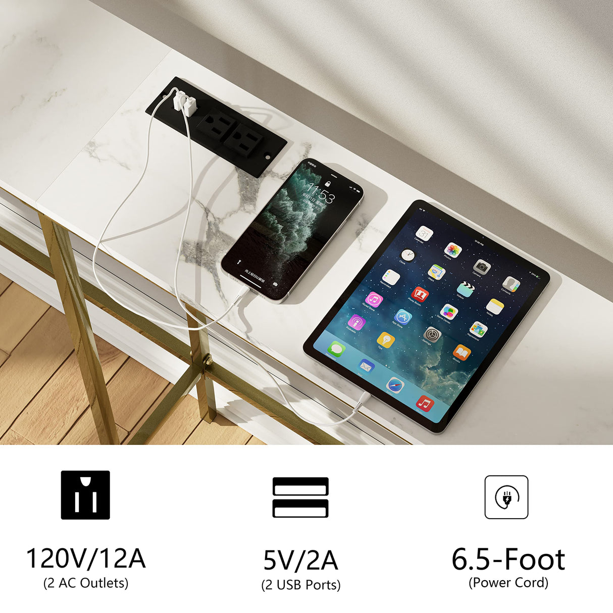 Masupu 70.9 Inch Console Table with Power Outlet,Modern Narrow Long Sofa Table Behind Couch,Skinny Entry Table with Gold Metal Frame for Entryway,Living Room, Hallway,Marble White Masupu