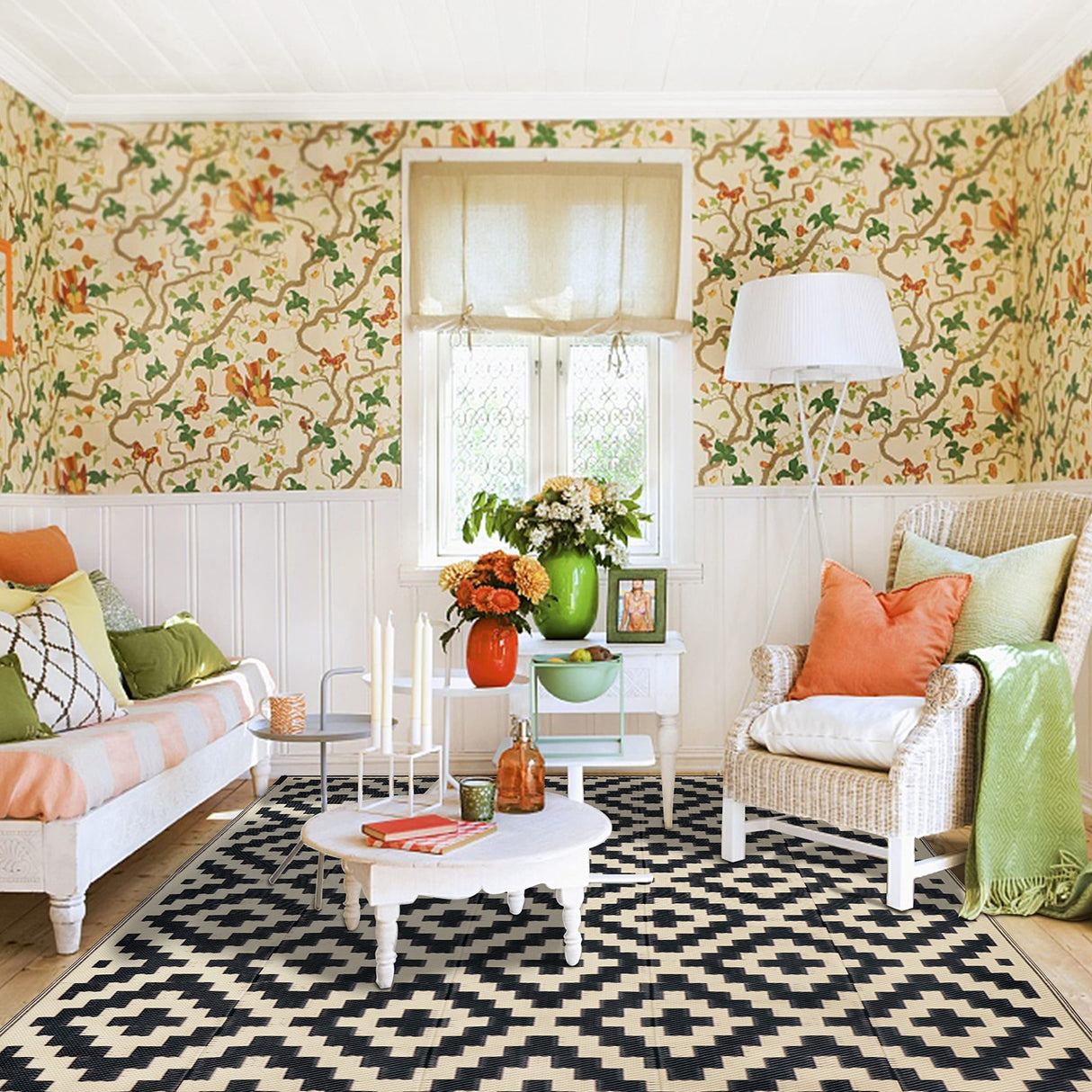 SAND MINE Reversible Mats, Plastic Straw Rug, Modern Area Rug, Large Floor Mat and Rug for Outdoors, RV, Patio, Backyard, Deck, Picnic, Beach, Trailer, Camping, Black & Beige, 6' x 9' SAND MINE