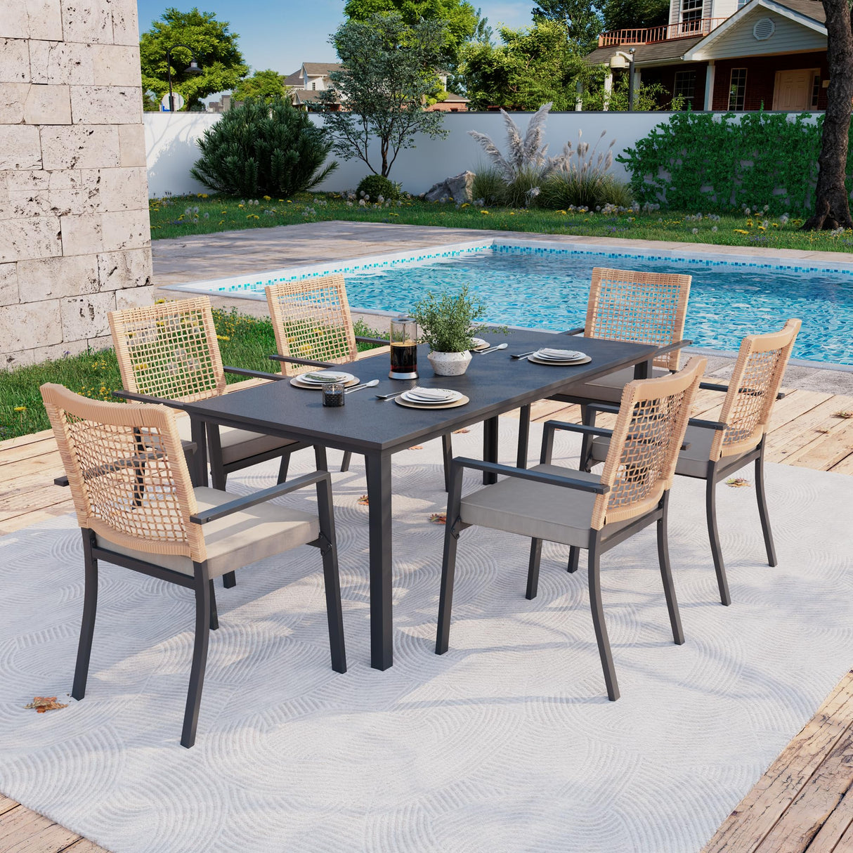 Kingdura 7 Piece Patio Dining Sets, Outdoor Furniture Set of 6 Ratten Wicker Chairs with Cushions and Dining Table with Umbrella Hole, All-Weather Outdoor Furniture Conversation Set for Backyard Kingdura
