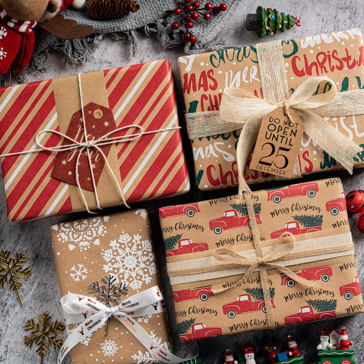 RUSPEPA Wrapping Paper, Kraft Paper - Snowflakes, Car and Christmas Tree, Stripes and Merry Christmas - 4 Rolls - 30 inches x 10 feet per Roll RUSPEPA