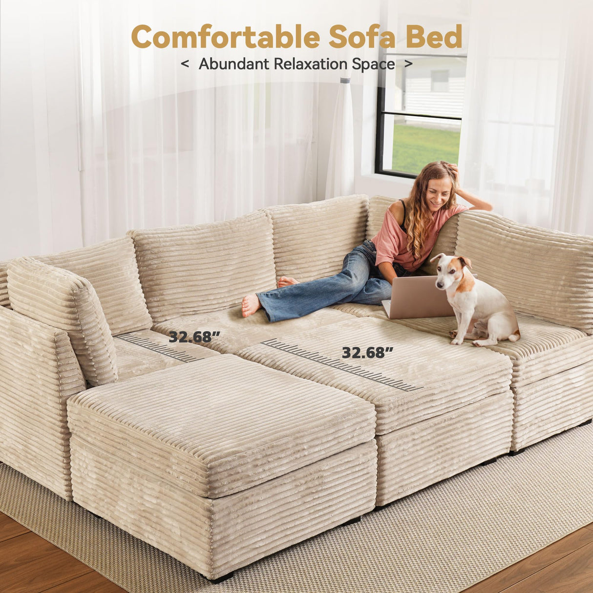 CAODOC Modular Sectional Sofa with Chaise, U-Shaped 5-Seater Cloud Couch for Living Room, Plush Corduroy Fabric, Includes Movable Ottoman, Beige CAODOC