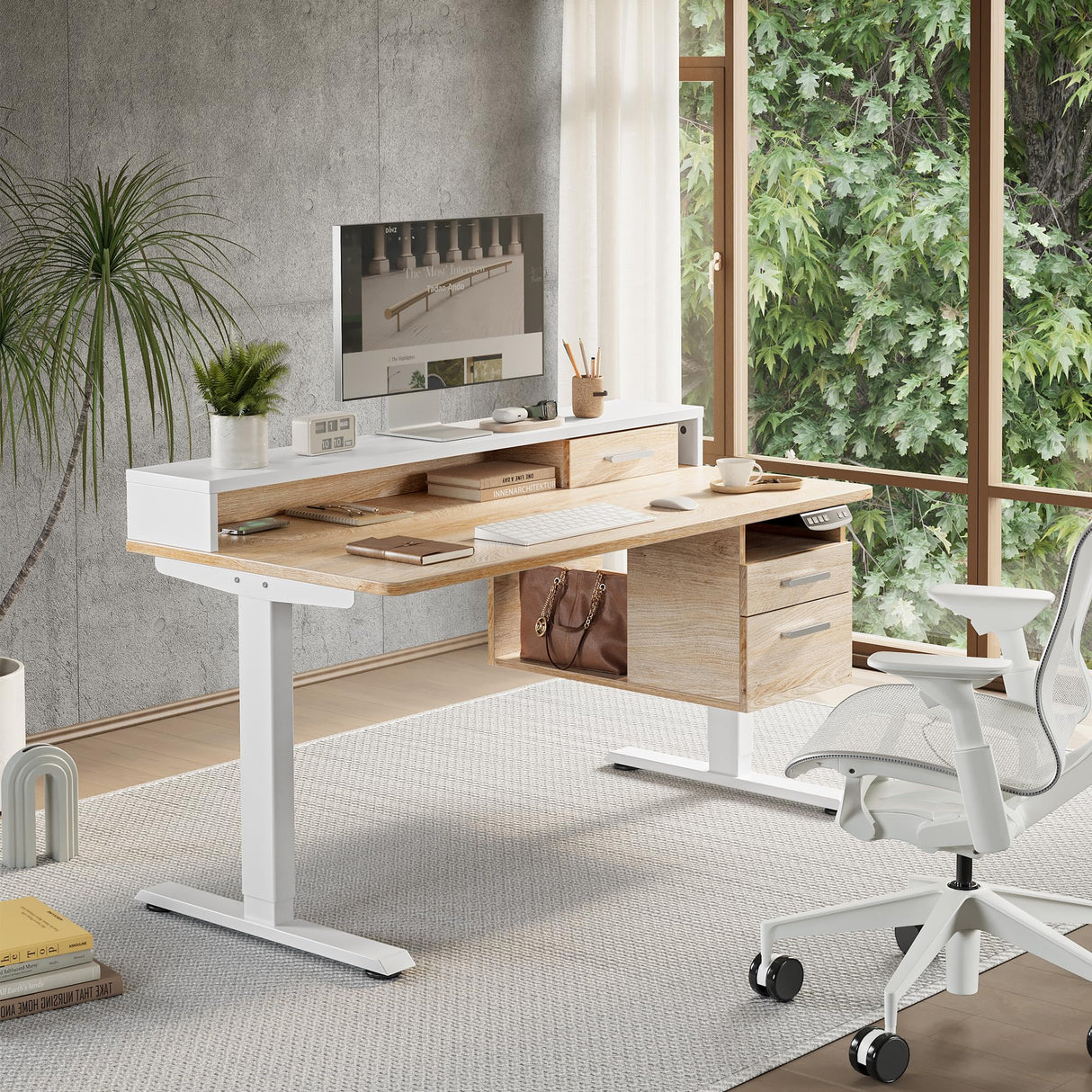 FEZIBO Electric Standing Desk 48 x 24 Inch with Monitor Shelf, 3 Drawers and Open Storage, Home Office Computer Workstation, Maple, 2 Packages FEZIBO