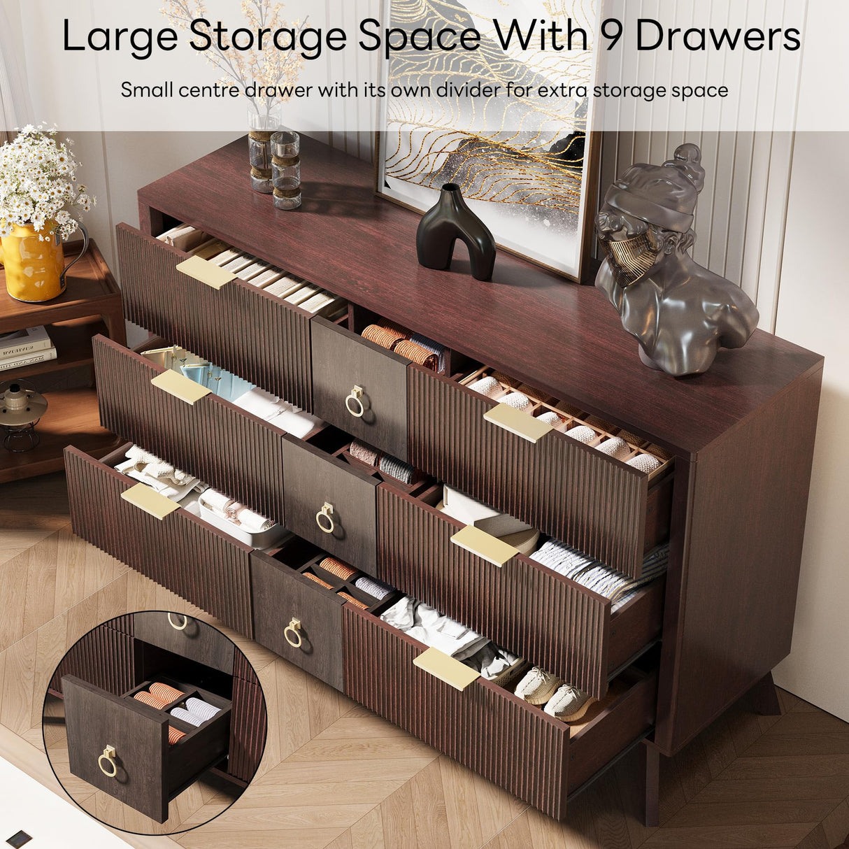 LIKIMIO Dresser for Bedroom 9 Drawers with LED Light, 55" Wide Fluted Chest of Drawers, Wood Closet Organizer, Curved Profile Design, TV Stand for Living Room, Hallway, Walnut with Brown LIKIMIO