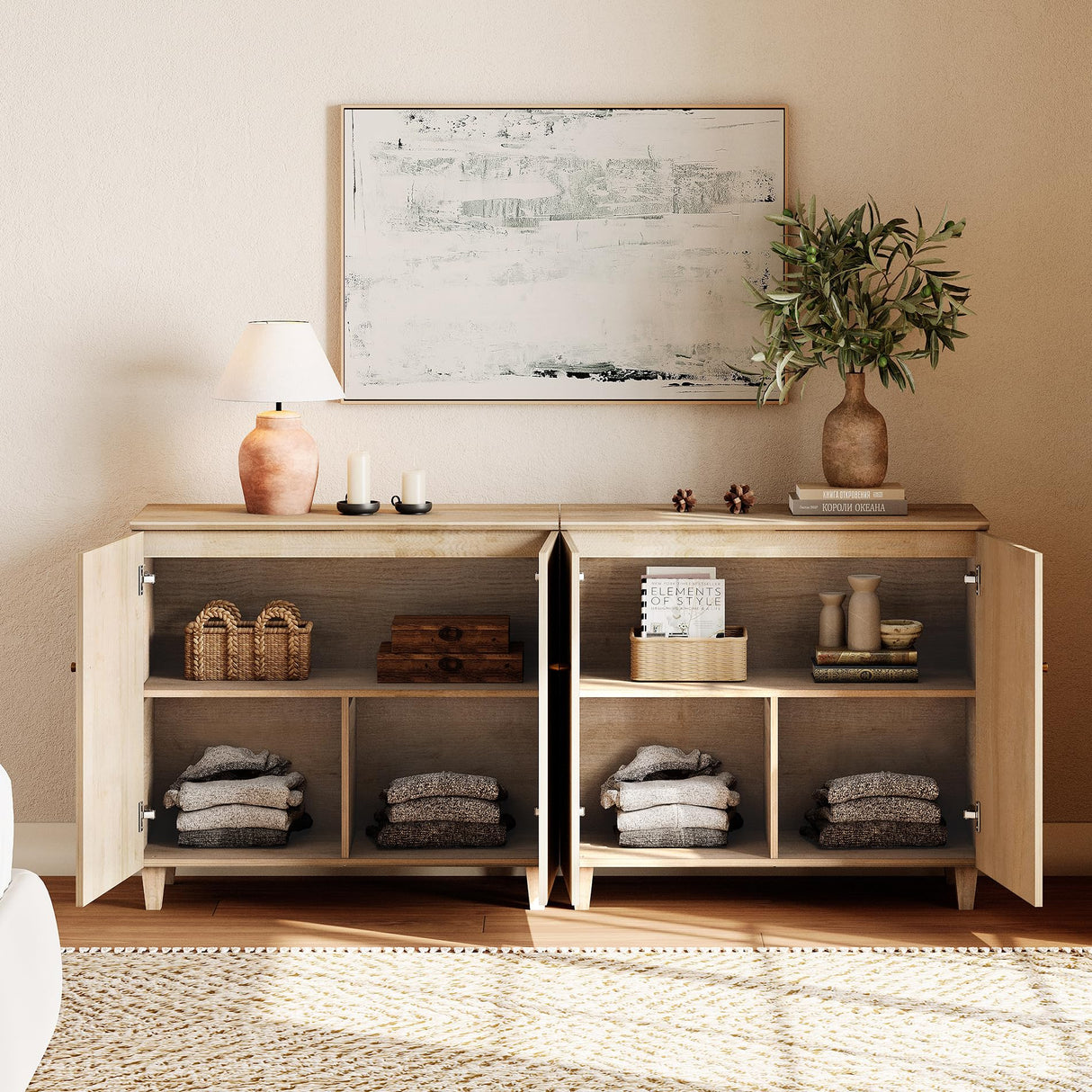 WAMPAT Modern TV Stands Media Console Tables for 75+ Inches TVs, 2 in 1 Wooden Entertainment Center Cabinet with 4 Doors and Storage Shelf for Living Room, Bedroom, 70", Light Oak WAMPAT