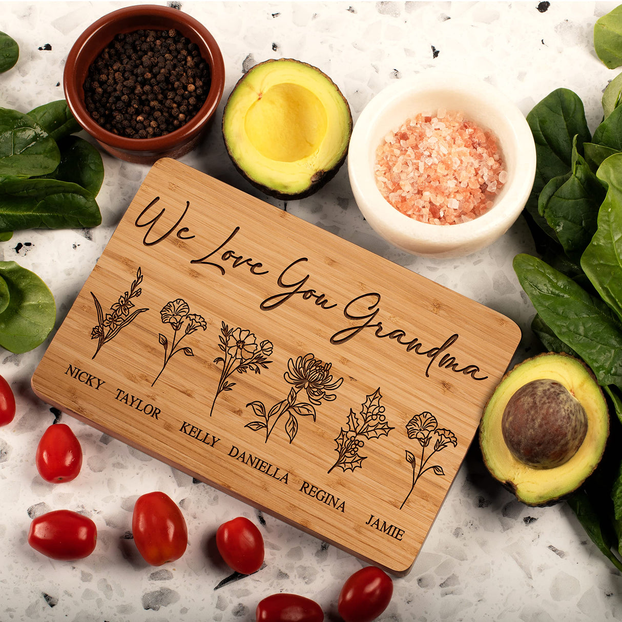 GRANDMA'S GARDEN, Personalized Cutting Board with Birth Flower Design, 9X6", Bamboo, Mothers Day Gifts for Grandma, Custom Engraved Gifts for Mom, Grandma - Grandma Gifts Ideas - 7 Names Personalized Favors