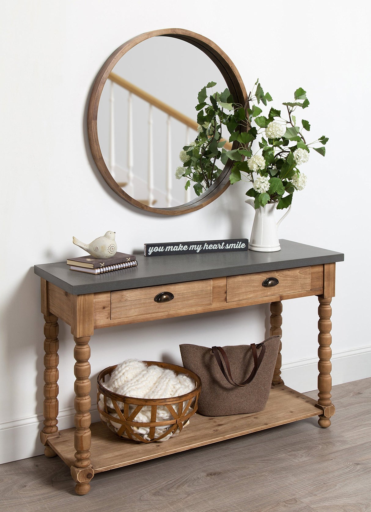 Kate and Laurel Rutledge Farmhouse Chic Two Drawer Console Table, Rustic Wood Base and Concrete Gray Top Kate and Laurel