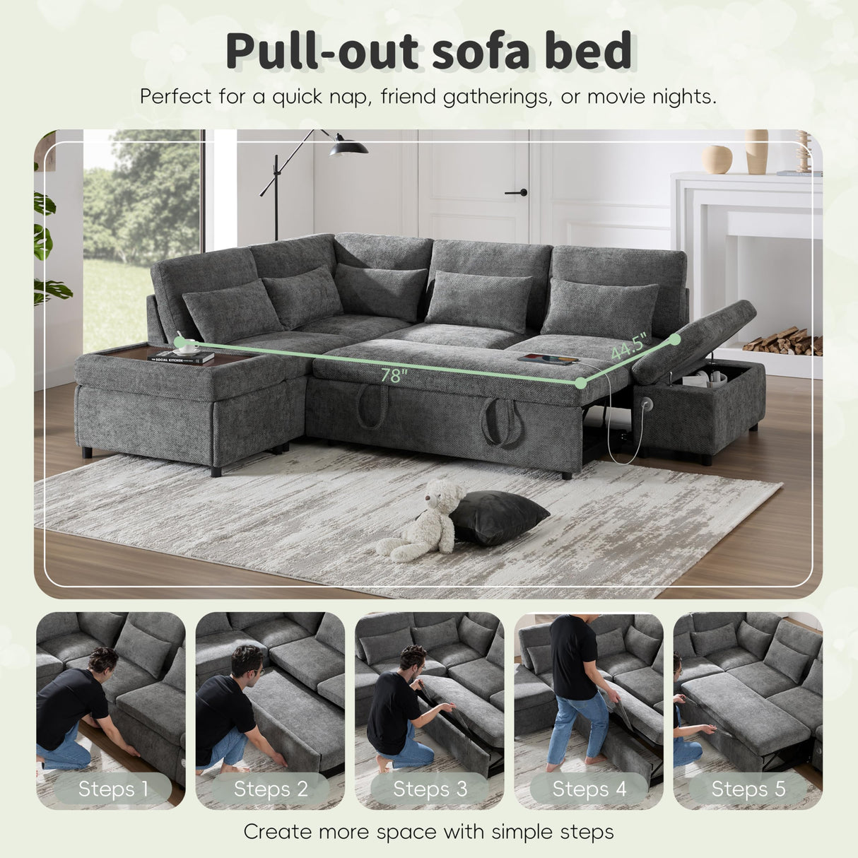 Merax 107'' L Shape Modular Sectional Pull-Out Sofa with Wide Seats & Movement Storage Ottoman & USB & Adjustable Armrests, Free Combination Oversize Chenille Sofa for Living Room & Apartment, Grey Merax