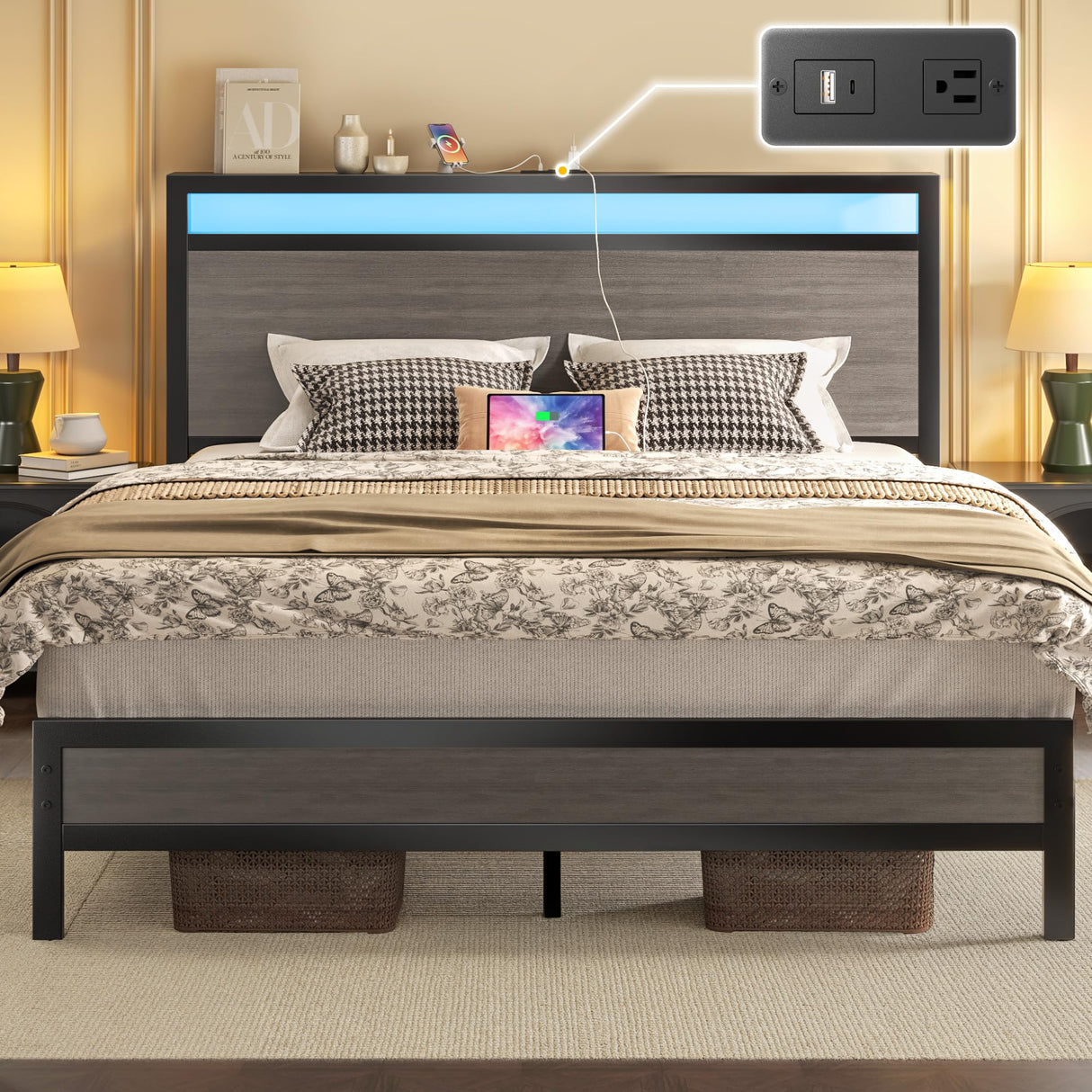 Fluest Queen Bed Frame with Headboard & Footboard, Bed Frame with Built-in Charging Station & LED Light, Storage Shelf, Noise-Free, No Box Spring Needed, Easy Assembly, Rustic Grey Fluest