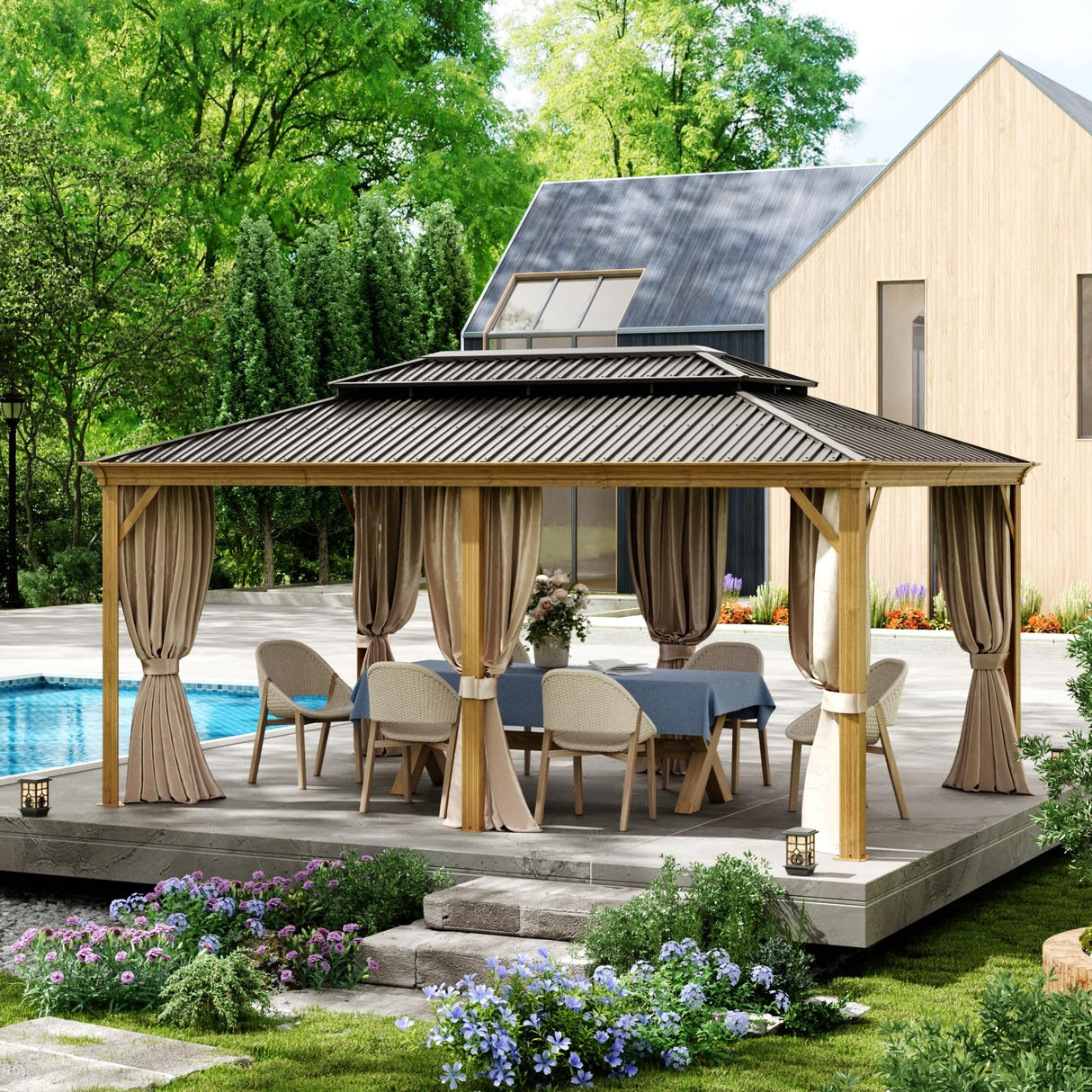 12x18ft Hardtop Gazebo, Wooden Finish Coated Aluminum Frame Canopy with Galvanized Steel Double Roof, Outdoor Permanent Metal Pavilion with Curtains & Netting for Garden, Brown (Wooden 12x18 Ft) TRUSTERTHEE