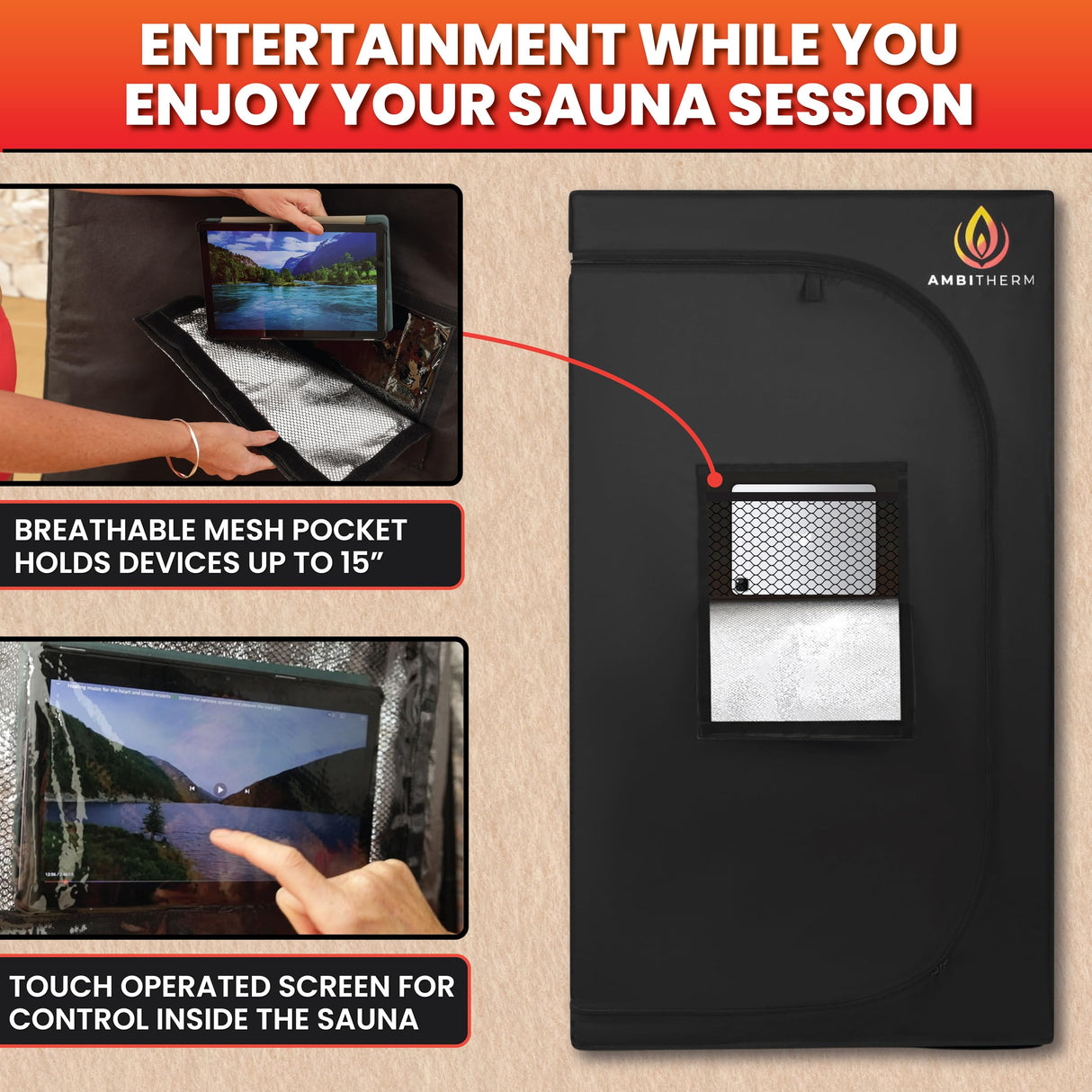 AMBITHERM Large Portable Infrare d Sauna for Home – Extra Large Sauna Tent - 50% More Leg Room – Touch-Sensitive Entertainment Pocket– Reclining Beechwood Chair with Washable Fitted Towel AMBITHERM