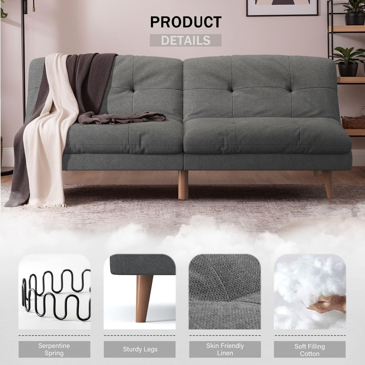 Flamaker Futon Sofa Bed Fabric Couch Adjustable Sleeper Sofa Bed for Small Apartment Modern Convertible Futon Set, Gray Flamaker