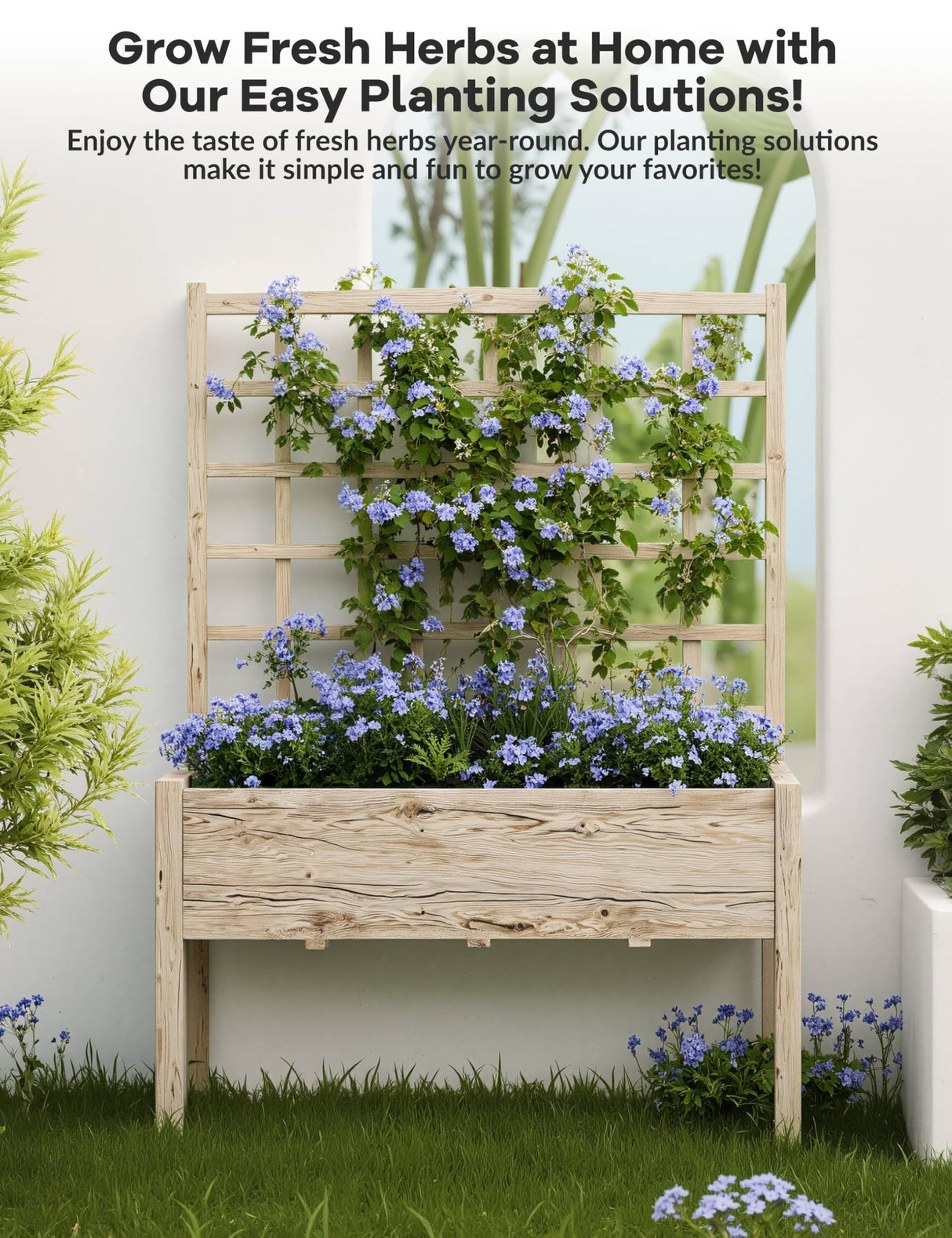 Raised Garden Bed with Legs for Outdoors, 46"x23"x65" Wooden Elevated Planter Box with Trellis, Planter Liner for Backyard, Patio, Balcony, Bed Liner for Climbing Plants, Flowers, Vegetables GarveeLife