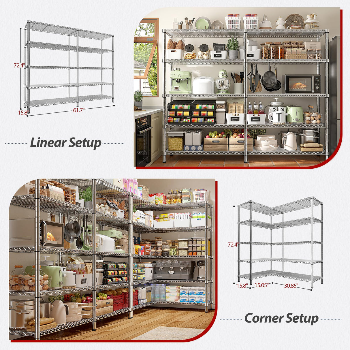 REIBII 1500LBS Storage Shelves 61.7''W Wire Shelving Unit 5 Tier Metal Shelving for Storage Rack Shelves Heavy Duty Garage Shelf Pantry Shelves Kitchen Shelving, 61.7" W*72.4" H*15.8" D, Chrome REIBII