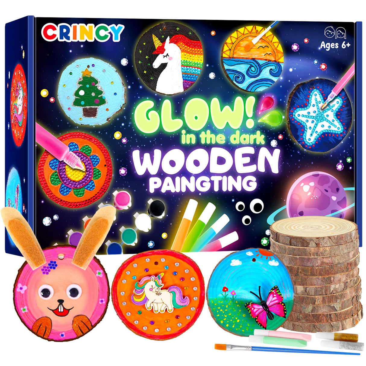 Crincy Kids Wooden Painting Kit, Glow in The Dark Paint Kit, Arts and Crafts Birthday Party Gifts for Kids Ages 8-12, Creative Art & Craft Activity Kits Toys for Boys Girls 6 7 8 9 10 12 Year Old Crincy
