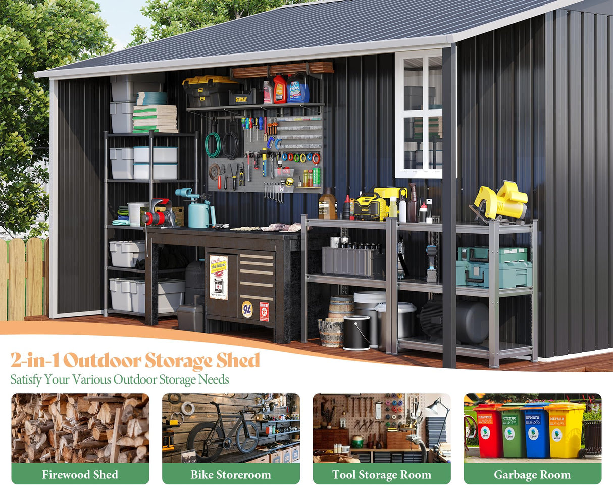 AMERLIFE 10.6x10.3x6.3 FT Metal Storage Shed with Sliding Doors Two 4-Pane Windows, Open Outdoor Shed for Wood Storage, Dark Grey/White AMERLIFE