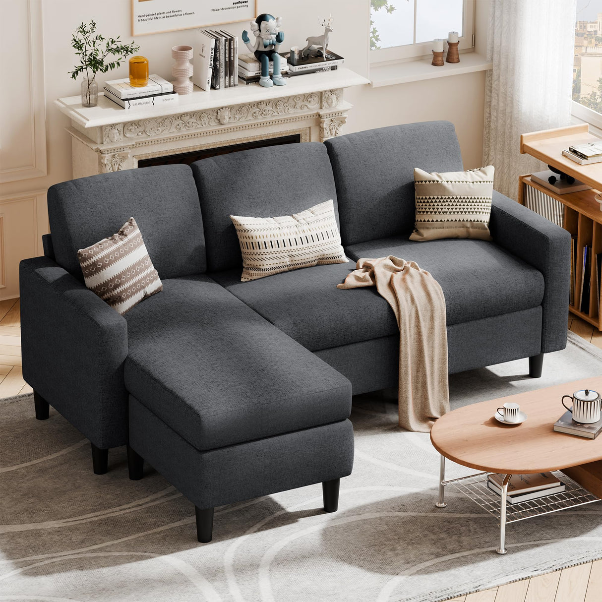 SUNLEI 73.6" Modular Sectional Sofa, Comfy Cloud Couch with Movable Ottoman Deep Seat L Shaped Modular Sofa, Sectional Couches for Living Room and Apartment, Black SUNLEI