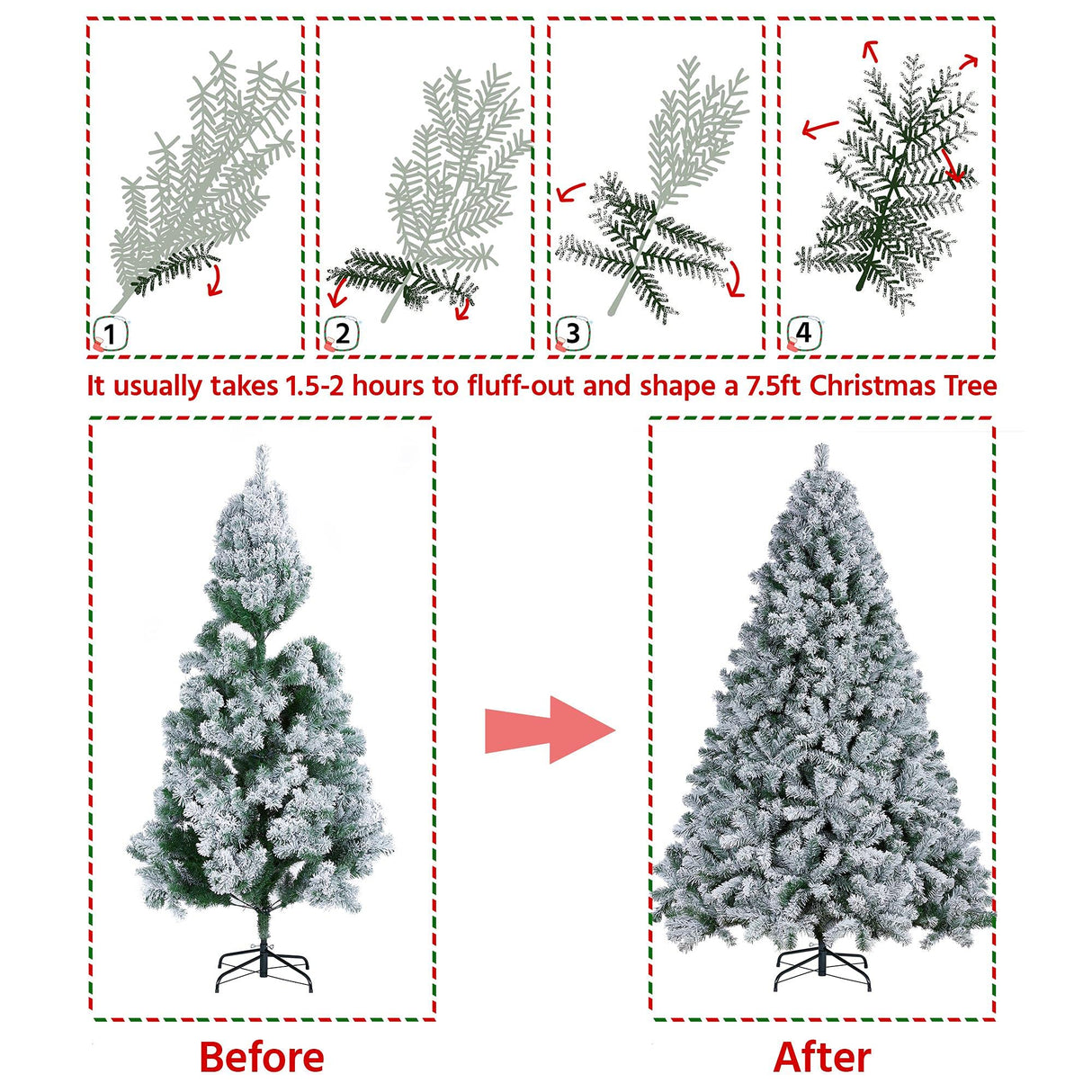 Yaheetech 7.5ft Premium Snow Flocked Hinged Artificial Christmas Fake Spruce Full Tree for Home Office Party Decoration with 1284 Branch White Snow Tips and Metal Stand Yaheetech