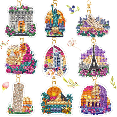 Ginfonr DIY Diamond Art Keychains Kit – 9PCS Diamond Painting Keychains for Bag with Famous Buildings, Cartoon Designs – Double-Sided Landscape Key Rings for Car, Party, Gift Decor, Garden