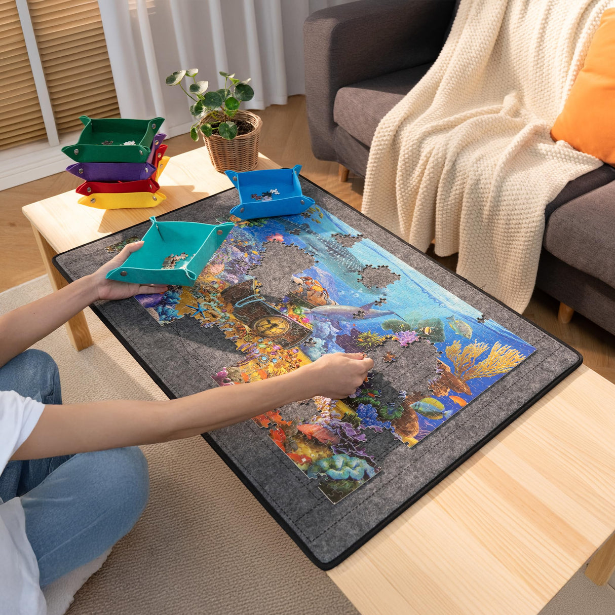 Becko US 1500 Piece Jigsaw Puzzle Board with 6 Trays & Cover, Foldable Puzzle Mat with Auxiliary Lines for Puzzle Storage Saver, Lightweight & Portable, for 1500 1000 750 500 Pieces Jigsaws Puzzles