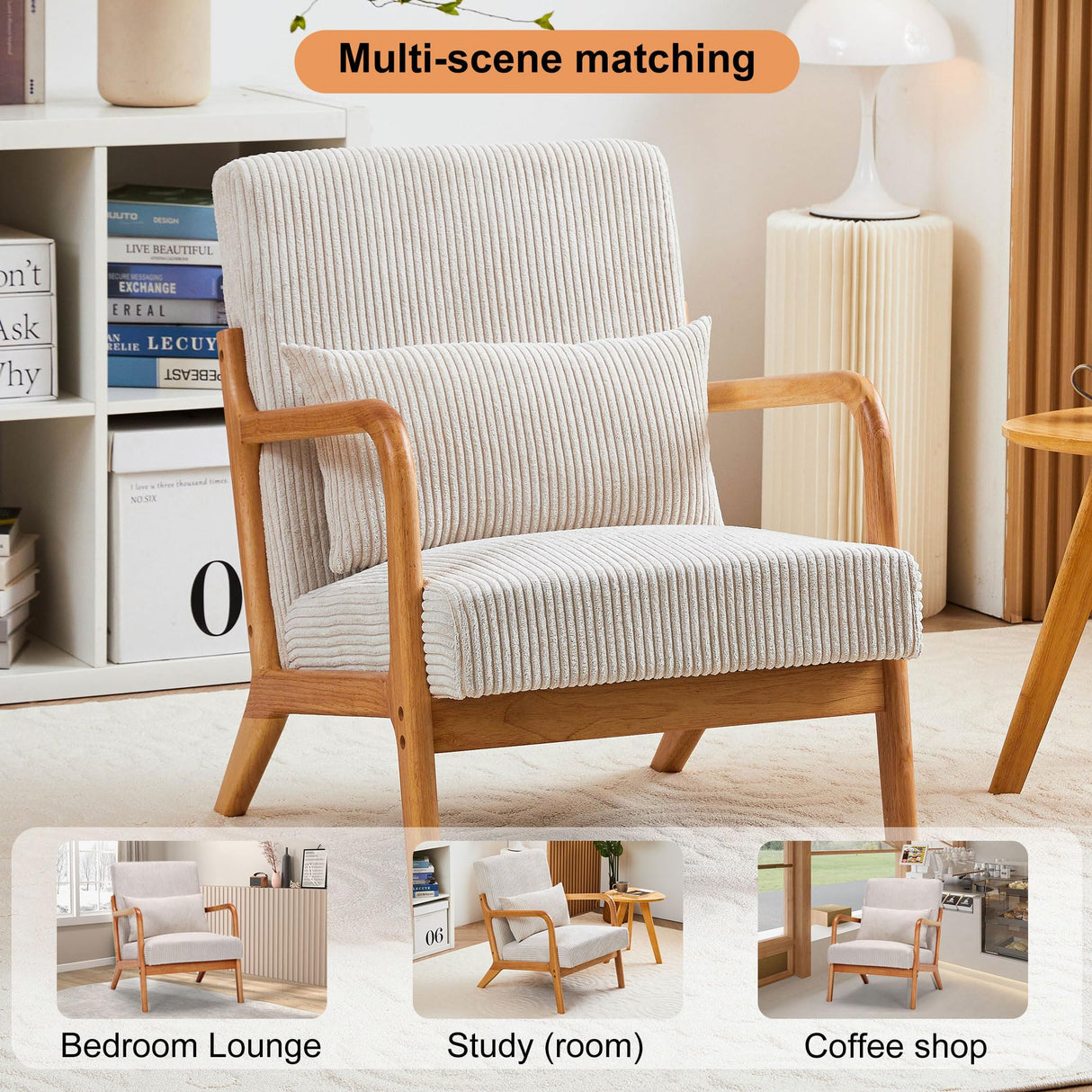 Hjaustevy Accent Chairs, Set of 2 Mid-Century Modern Chair with Pillow, Armchair with Solid Wood, Reading Relaxing Leisure Chair for Living Room,(Beige) Hjaustevy