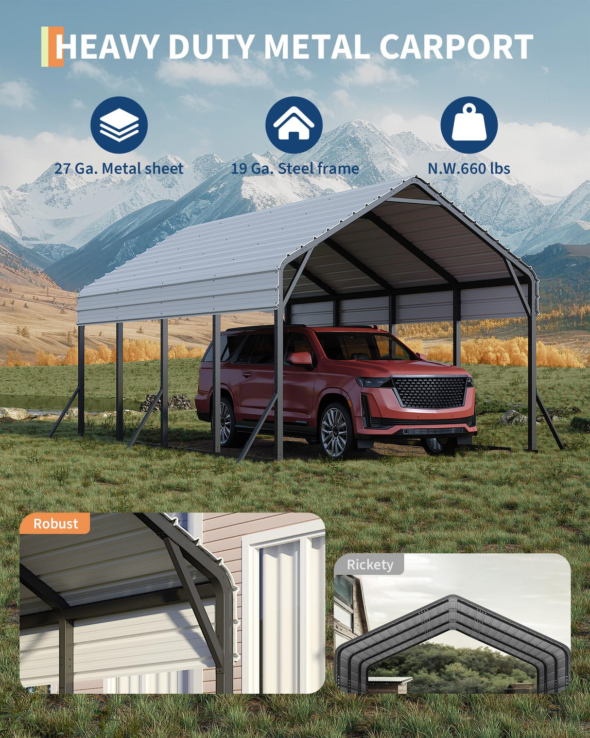 Garveelife 13'x21'x11' Oversized Metal Carport, Steel Heavy Duty Carport for All-Weather, Permanent Shelter for Bass Boats, Pickup Trucks, and Tractors, N.W. 660 Lbs GarveeLife