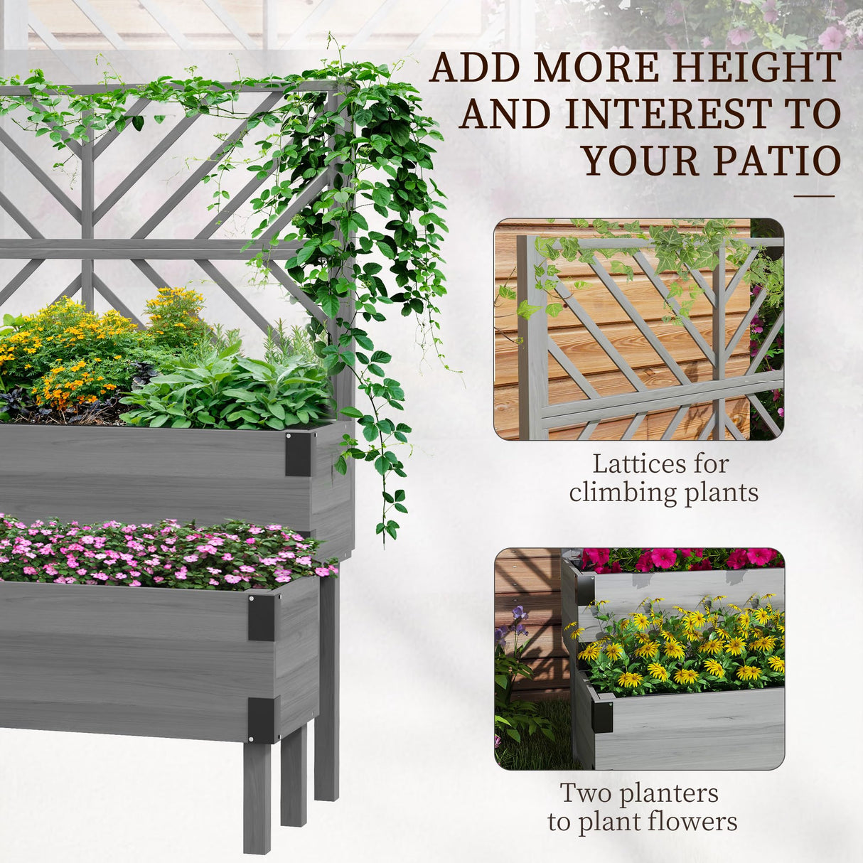 Outsunny Raised Garden Bed with Trellis, 2 Tier Wooden Elevated Planter Box with Legs and Metal Corners for Vegetables, Flowers, Herbs, Gray Outsunny