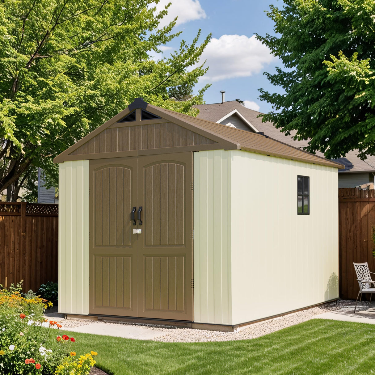 Patiowell 8 x 10 FT Resin Outdoor Storage Shed with Floor, Plastic Shed with Window and Lockable Door for Garden, Backyard, Tool Storage Use, Easy to Install in Brown (Kick-it Shed) Patiowell
