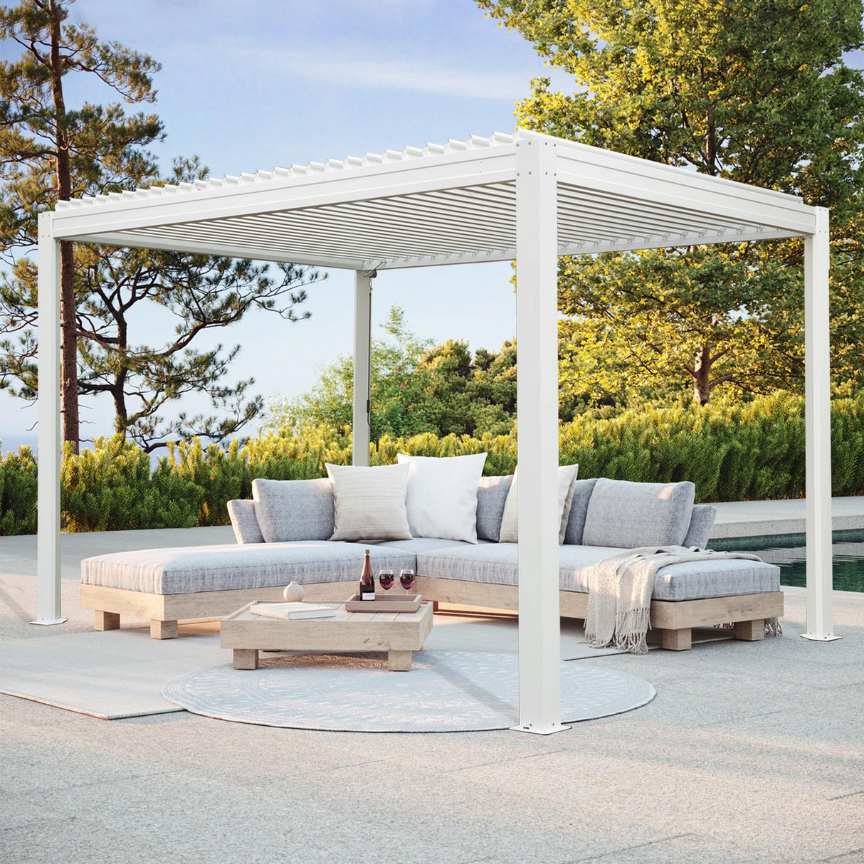 Domi Louvered Pergola 10' x 10' Outdoor Aluminum Pergola with Adjustable Roof, Aluminum Frame, Efficient Drainage System for Patio, Deck, Garden, White domi outdoor living